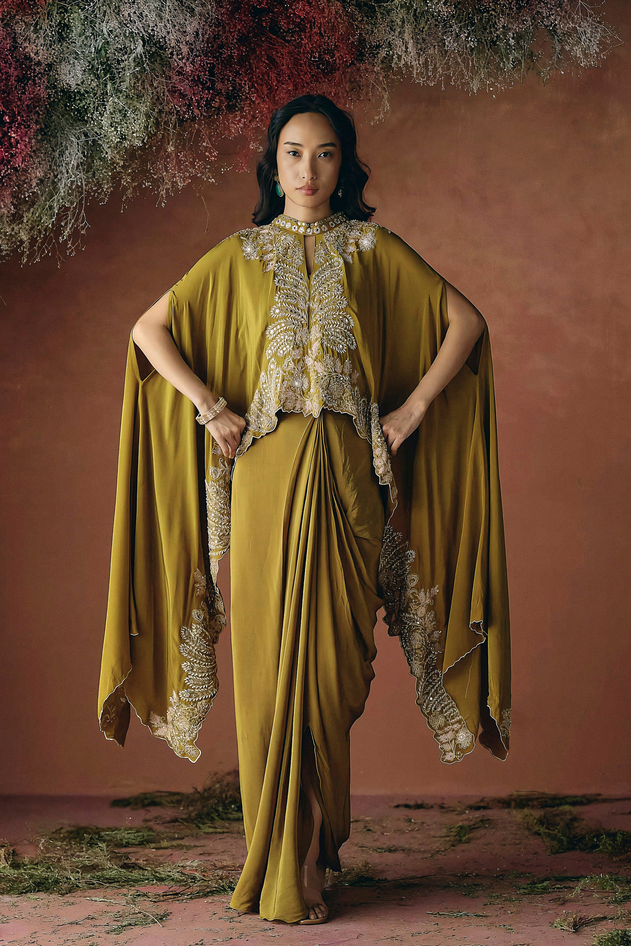Mustard Embellished Premium Silk Skirt Set