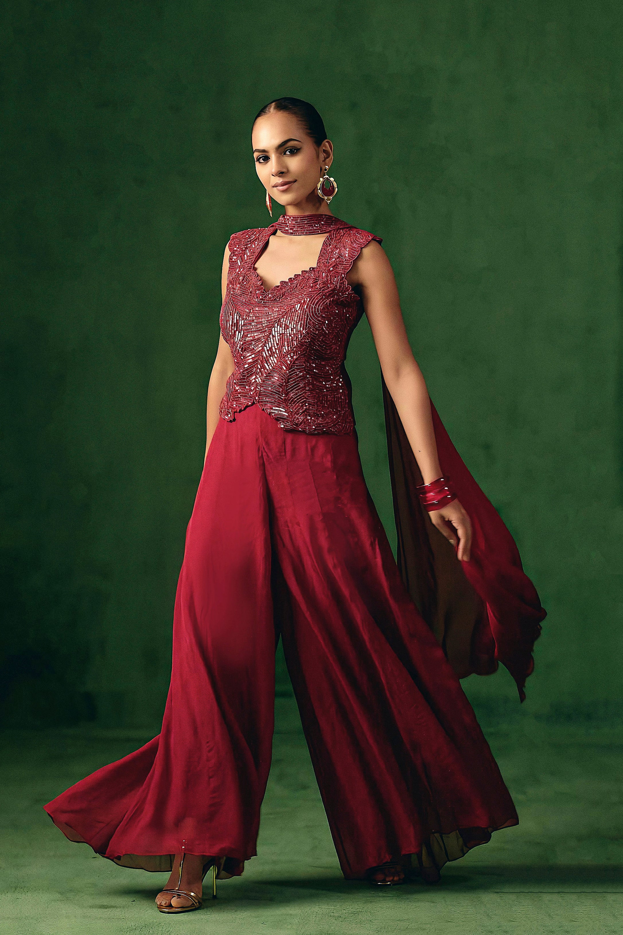 Ruby Red Embellished Organza Silk Palazzo Set