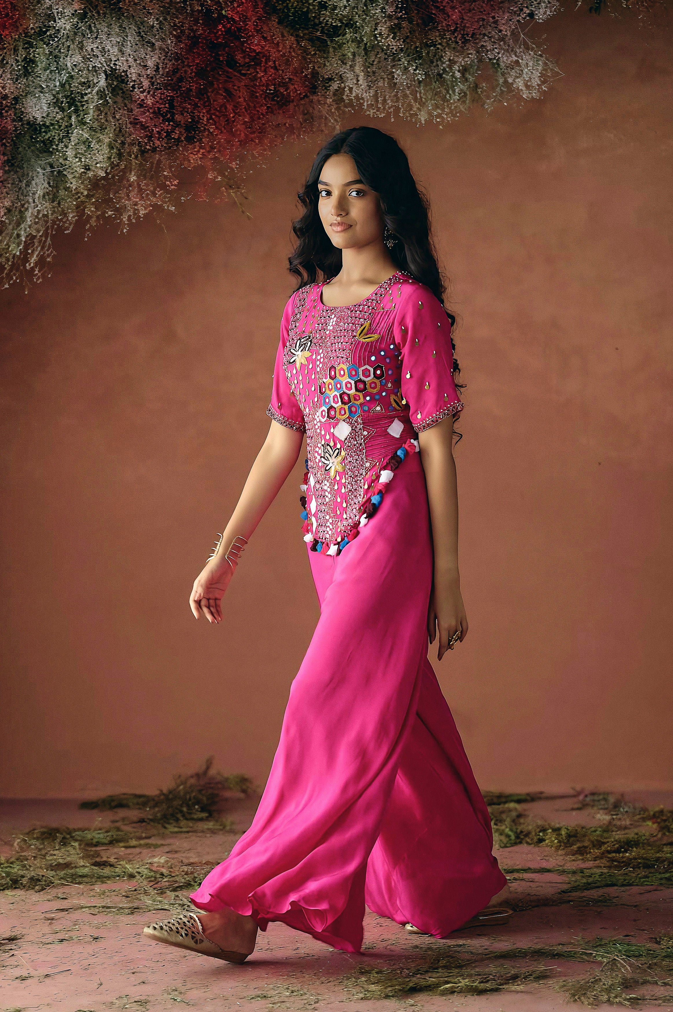 Deep Pink Embellished Premium Silk Palazzo Set