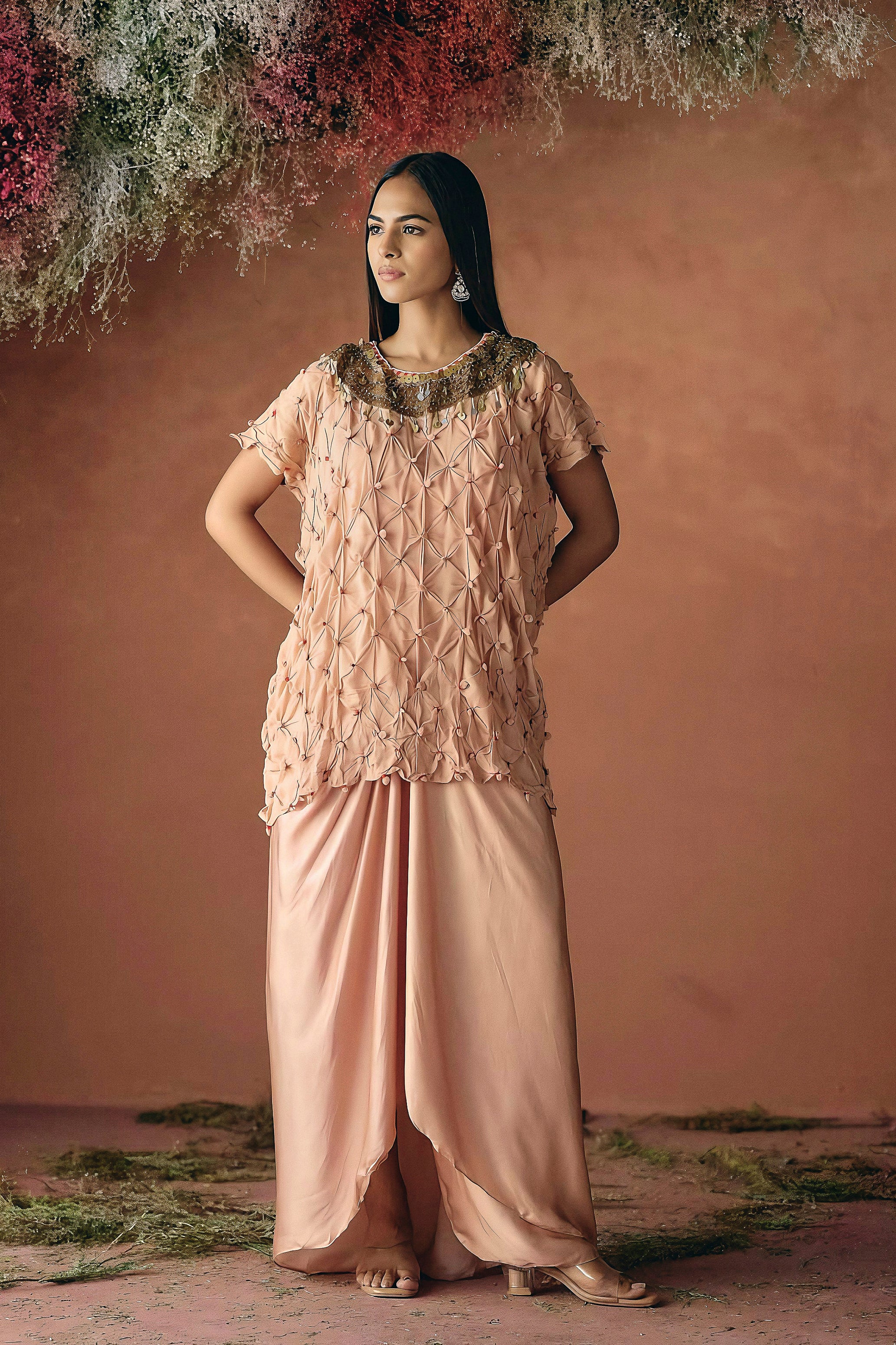 Light Peach Embellished Georgette Silk Skirt Set