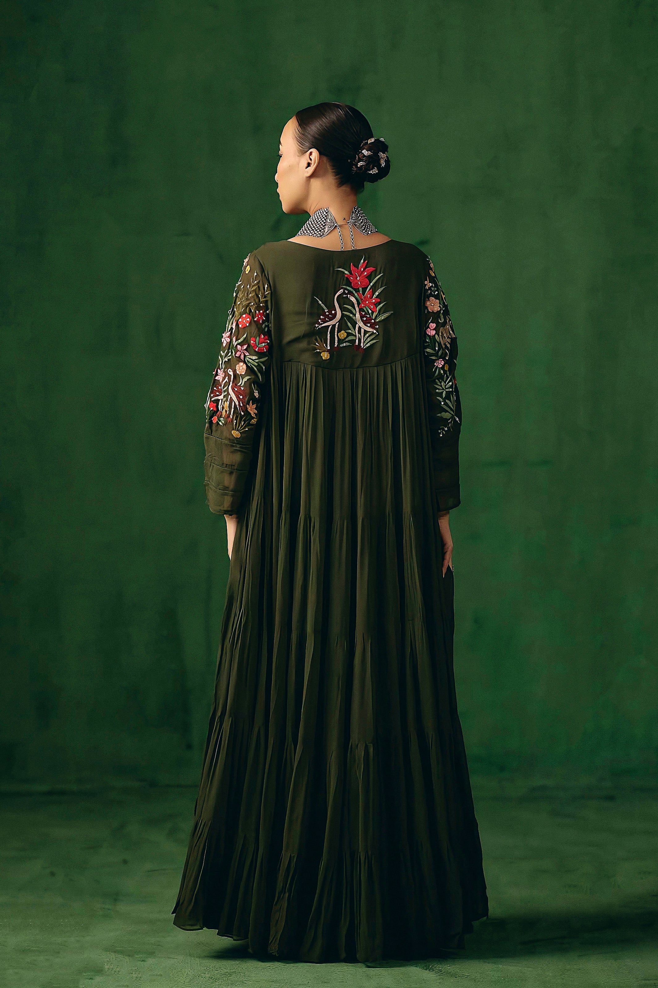 Deep Olive Embellished Georgette Silk Gown