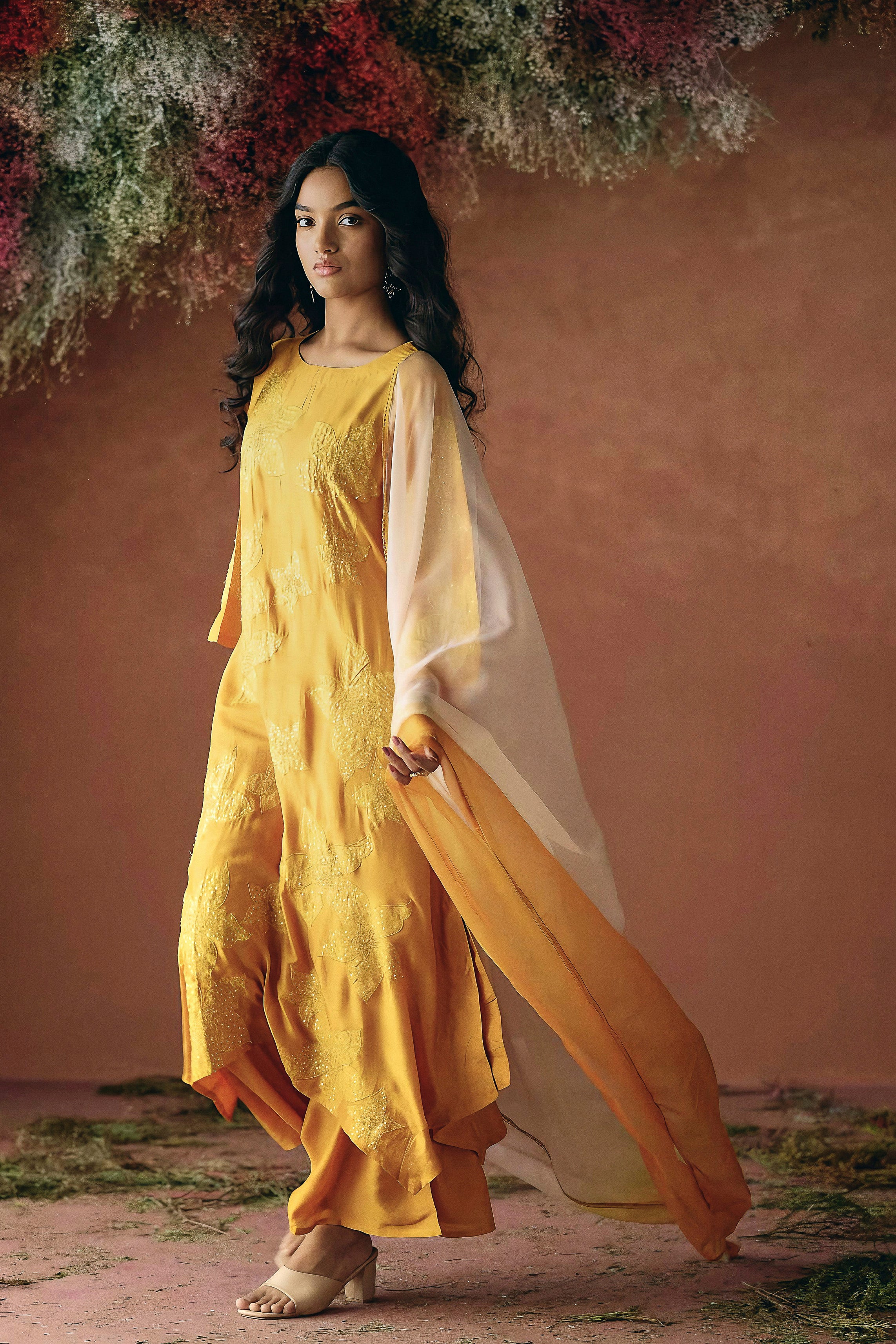 Mustard Yellow Embellished Raw Silk Palazzo Set