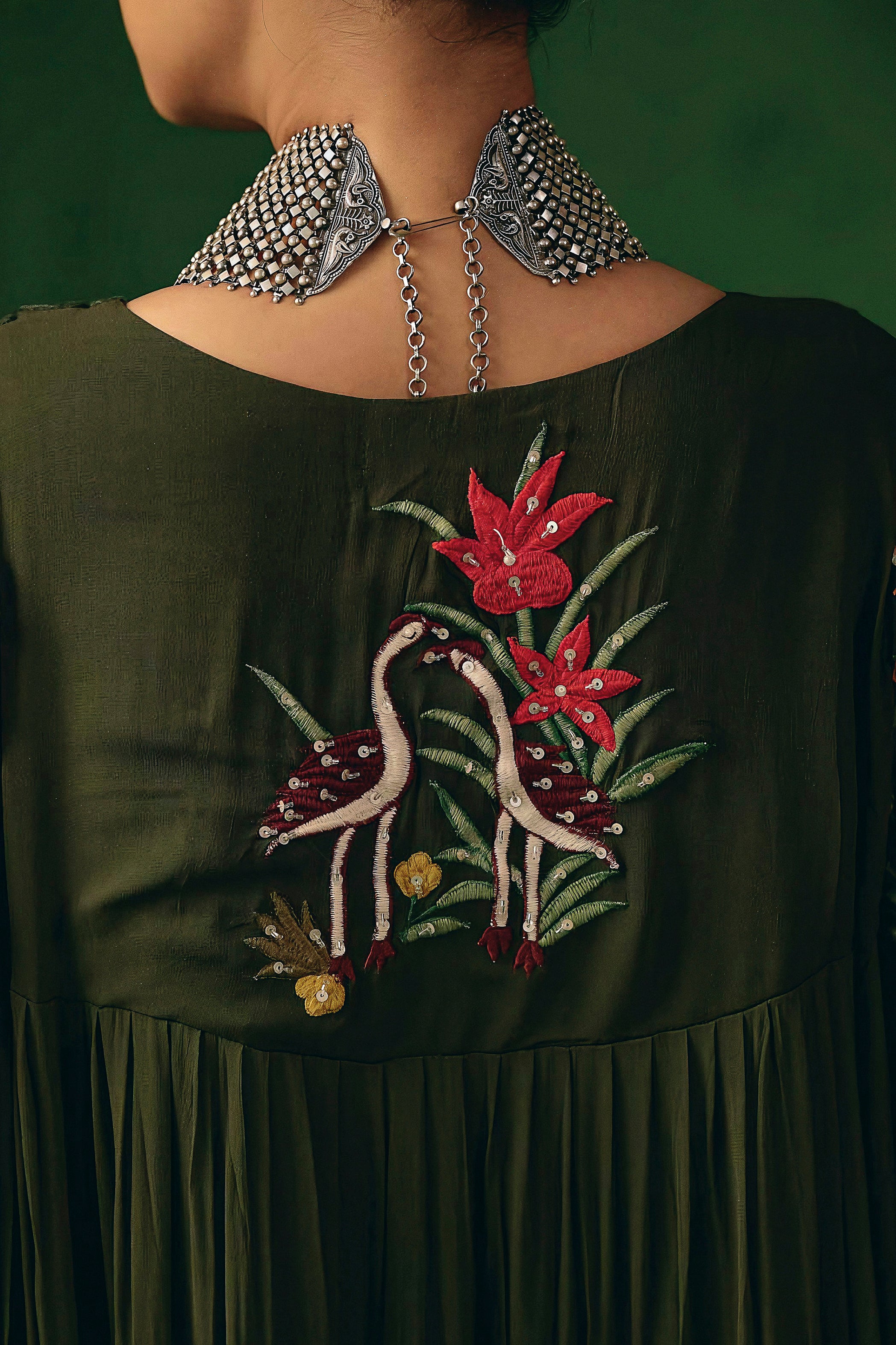 Deep Olive Embellished Georgette Silk Gown