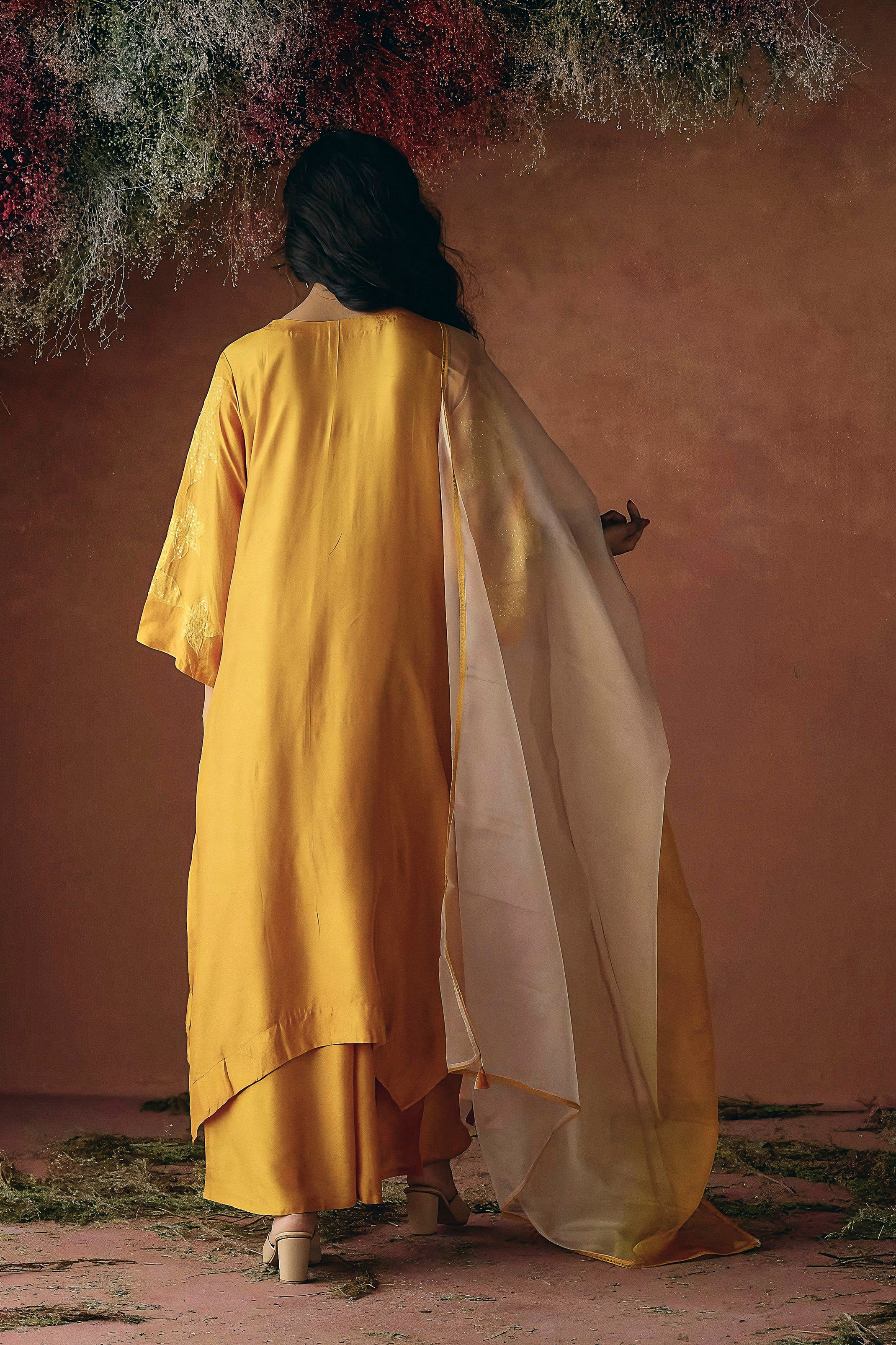 Mustard Yellow Embellished Raw Silk Palazzo Set