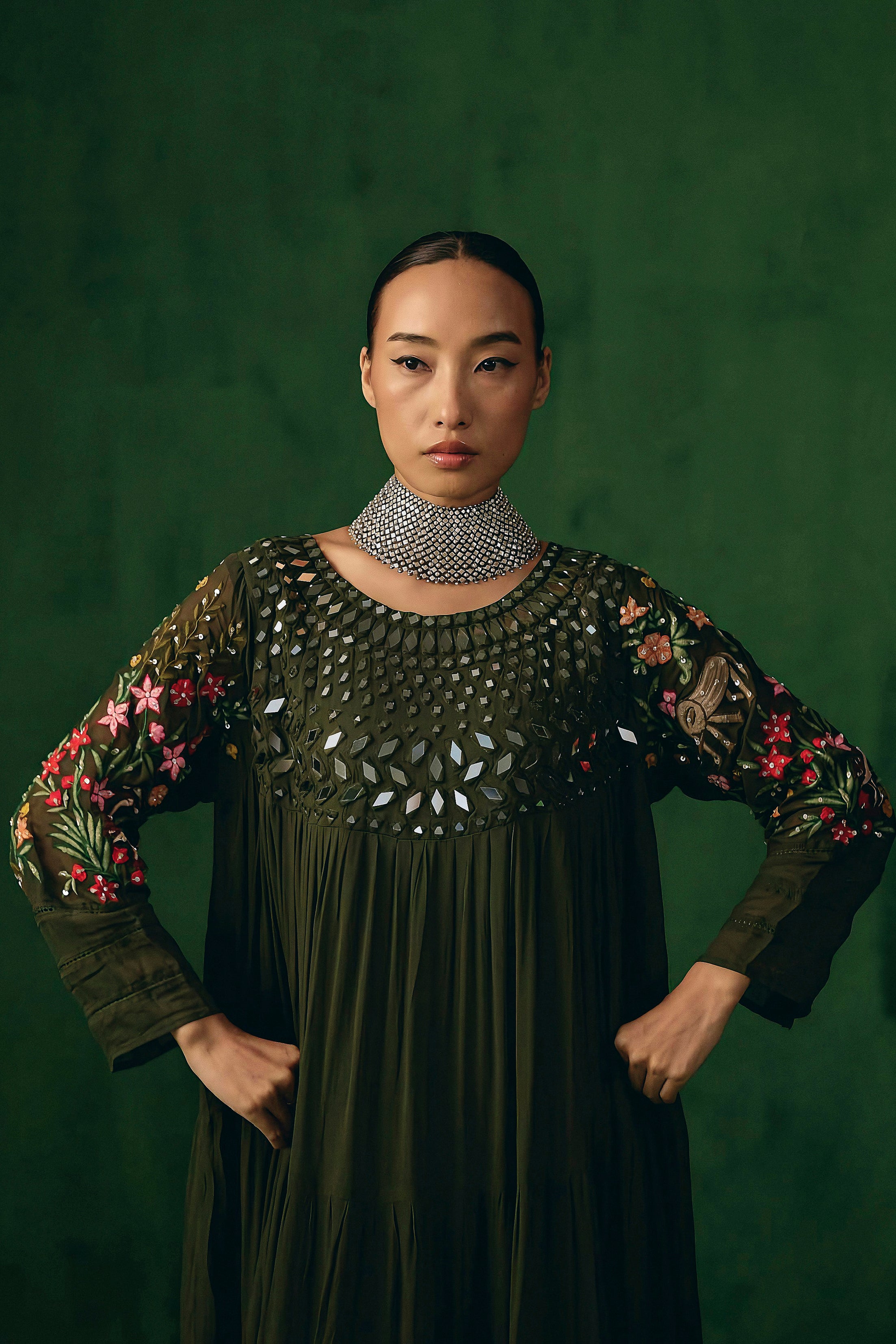 Deep Olive Embellished Georgette Silk Gown