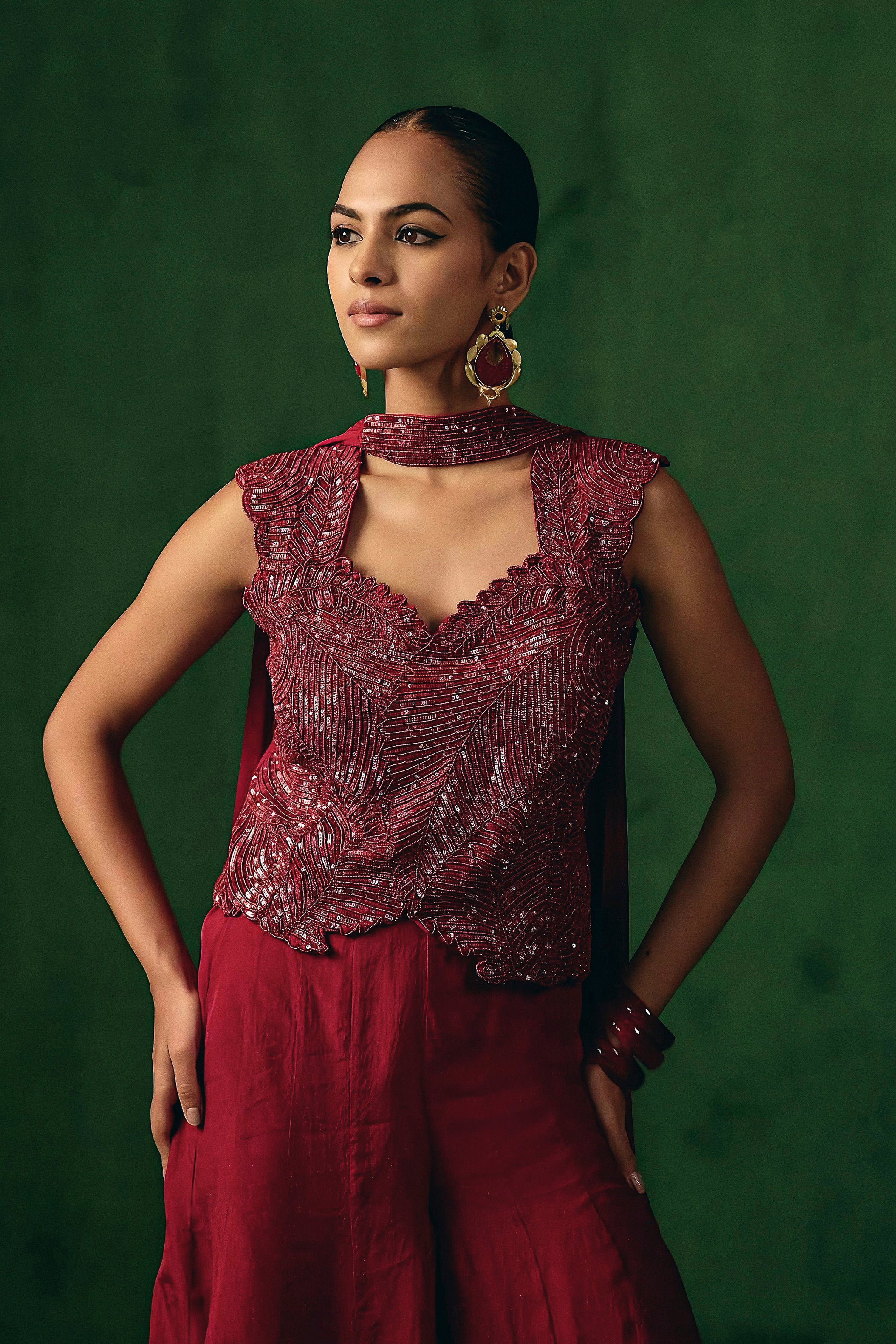 Ruby Red Embellished Organza Silk Palazzo Set