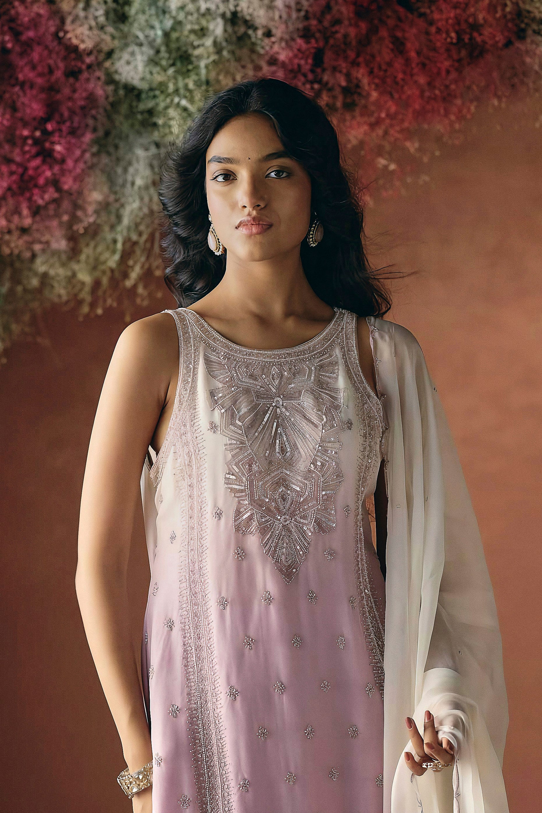 Lilac Pink Embellished Soft Organza Palazzo Set