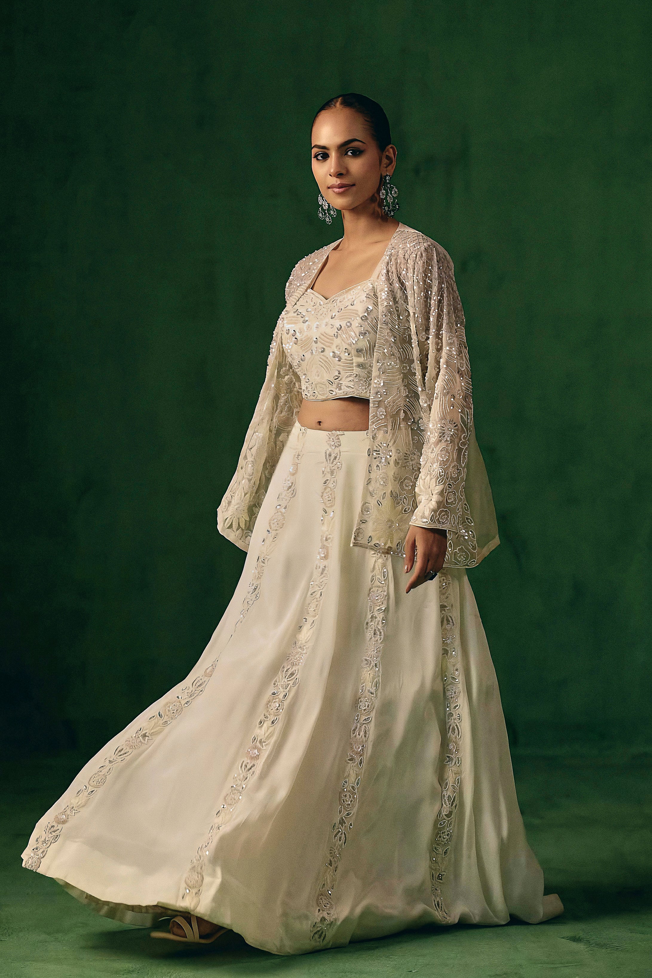Soft Ivory Embellished Chinon Silk Lehenga Set