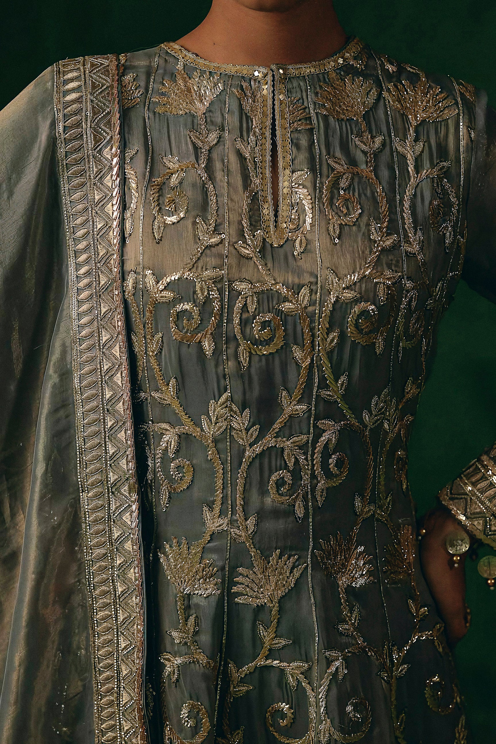 Slate Grey Embellished Shimmer Organza Silk Pant Set