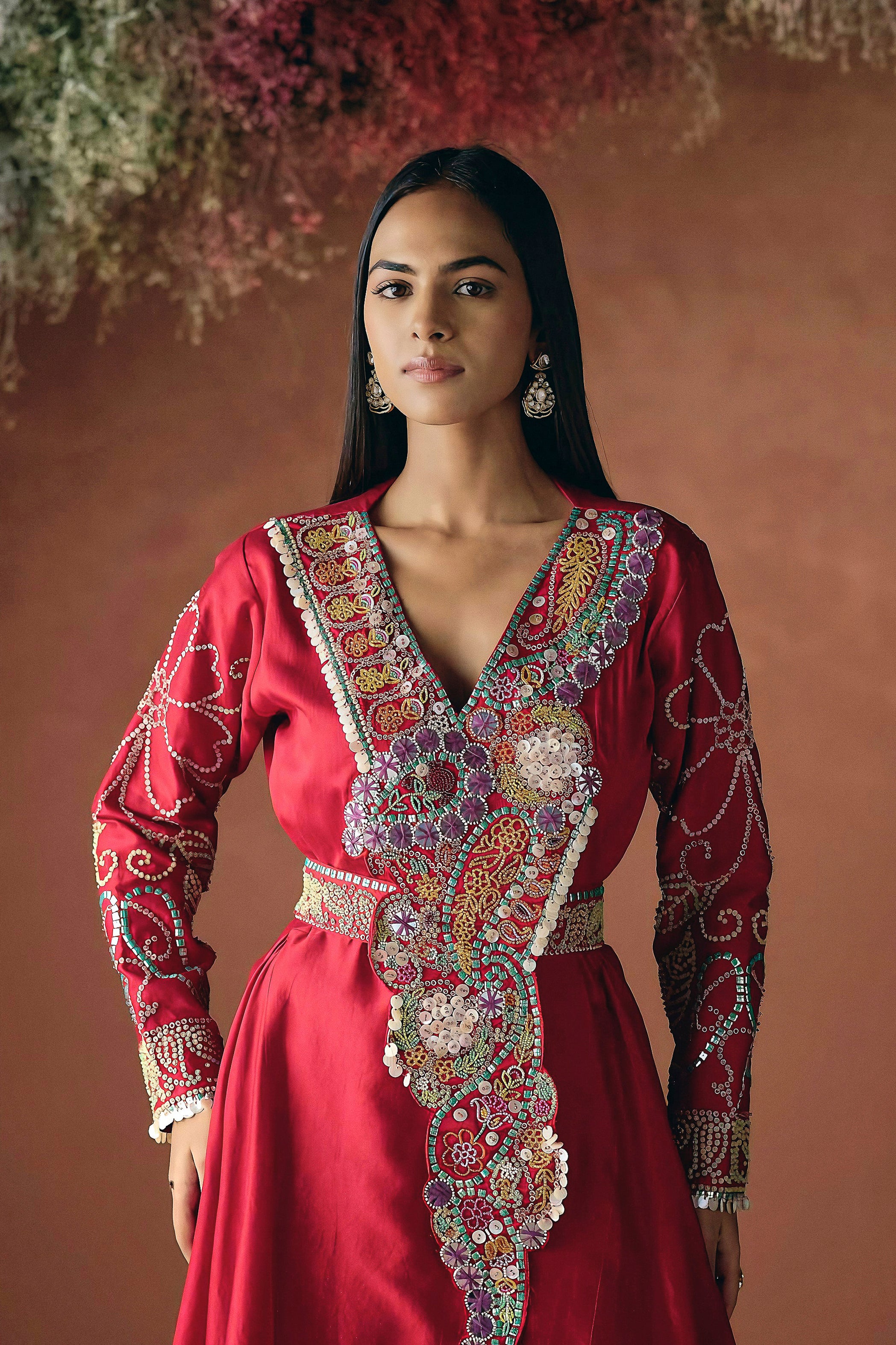 Carmine Red Embellished Premium Silk Kurta Set
