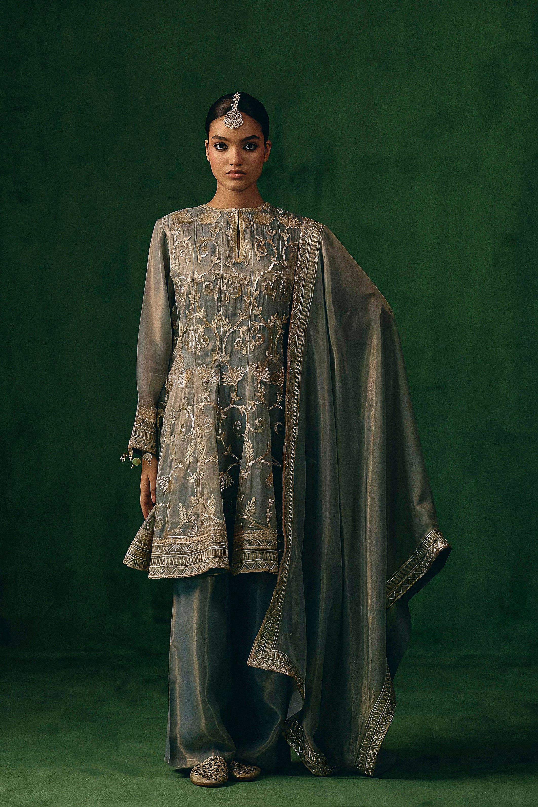 Slate Grey Embellished Shimmer Organza Silk Pant Set