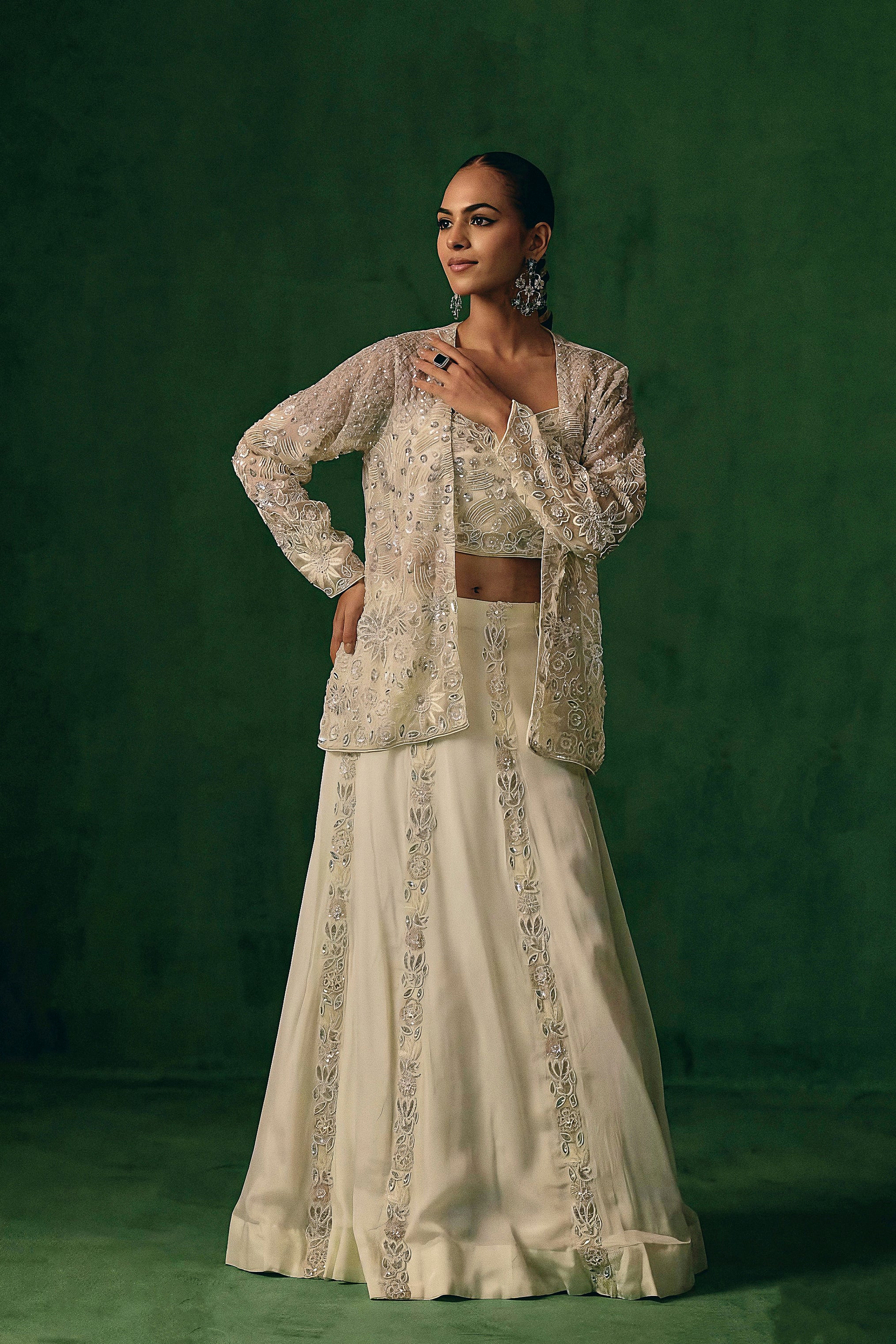 Soft Ivory Embellished Chinon Silk Lehenga Set