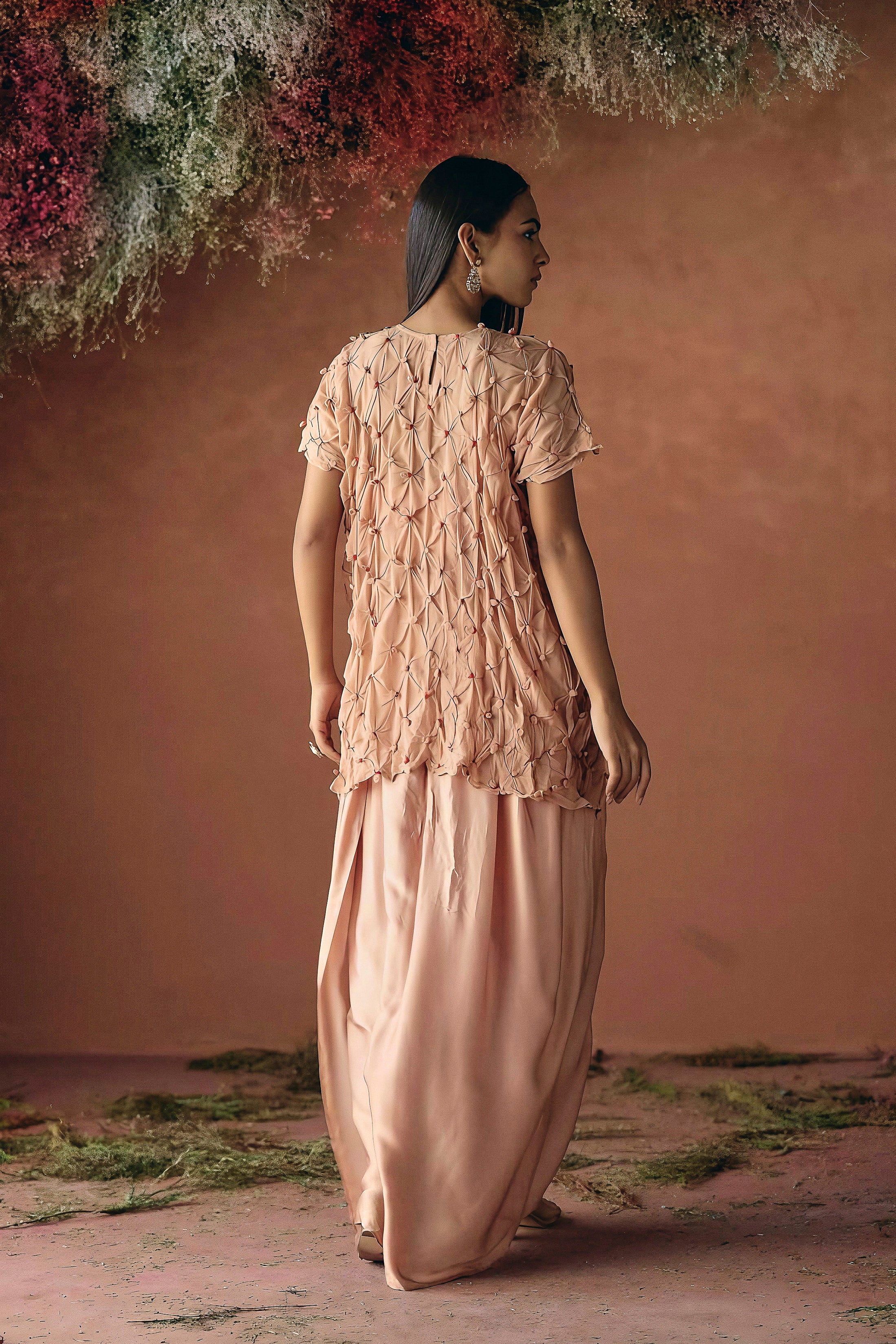 Light Peach Embellished Georgette Silk Skirt Set