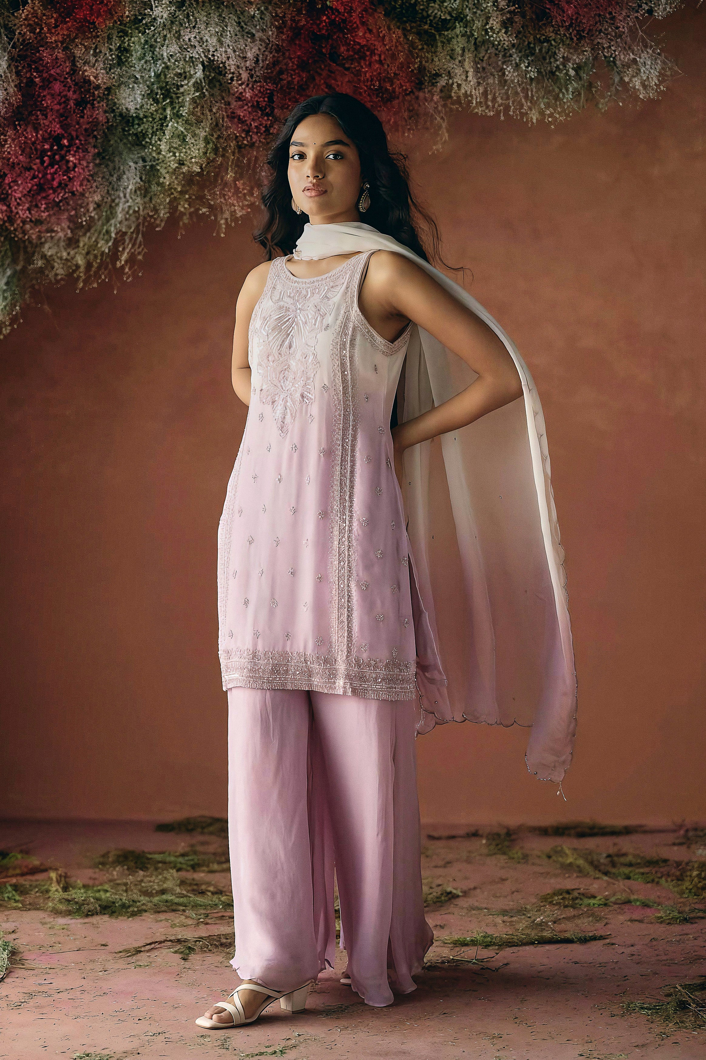 Lilac Pink Embellished Soft Organza Palazzo Set