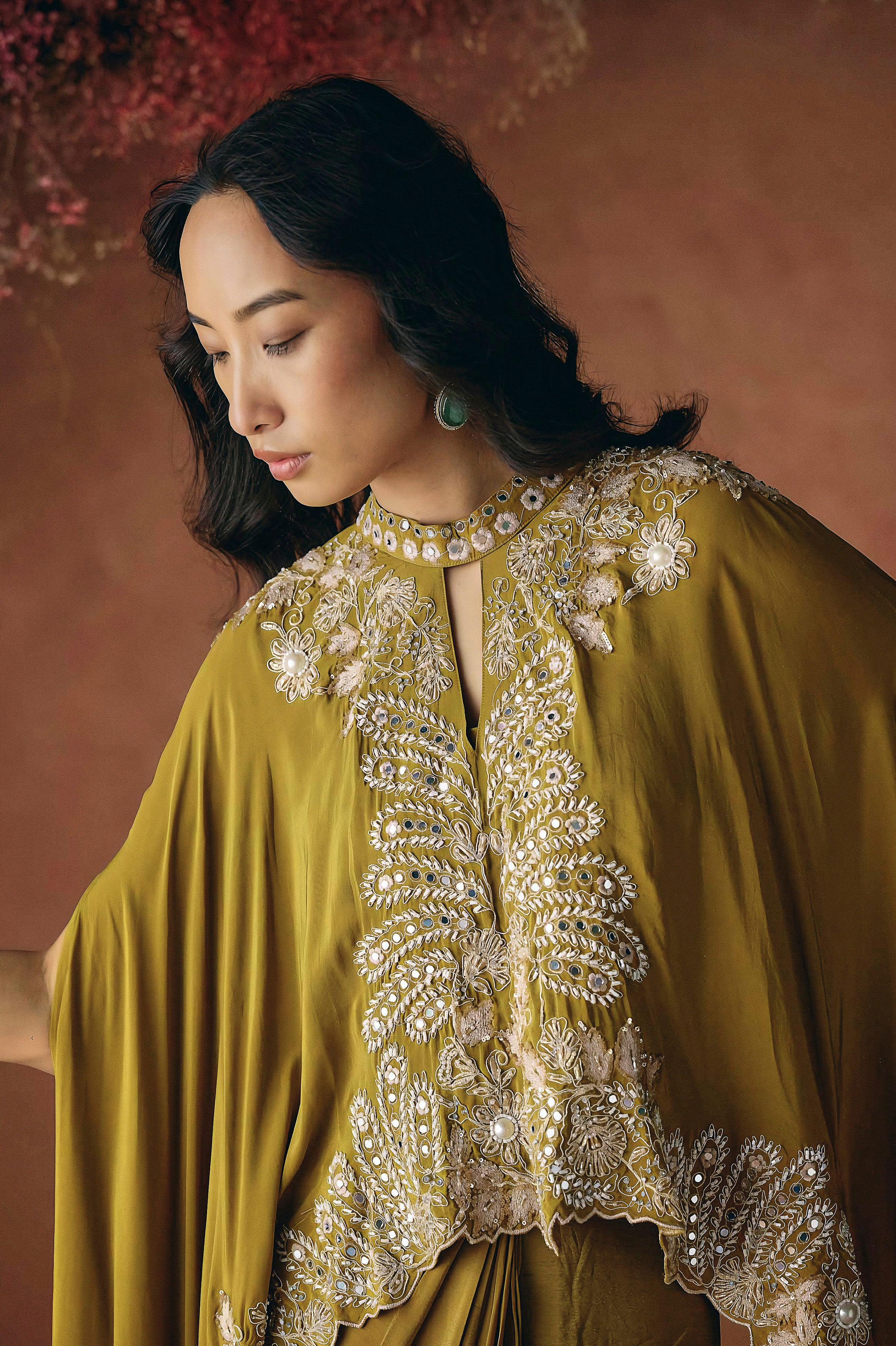 Mustard Embellished Premium Silk Skirt Set