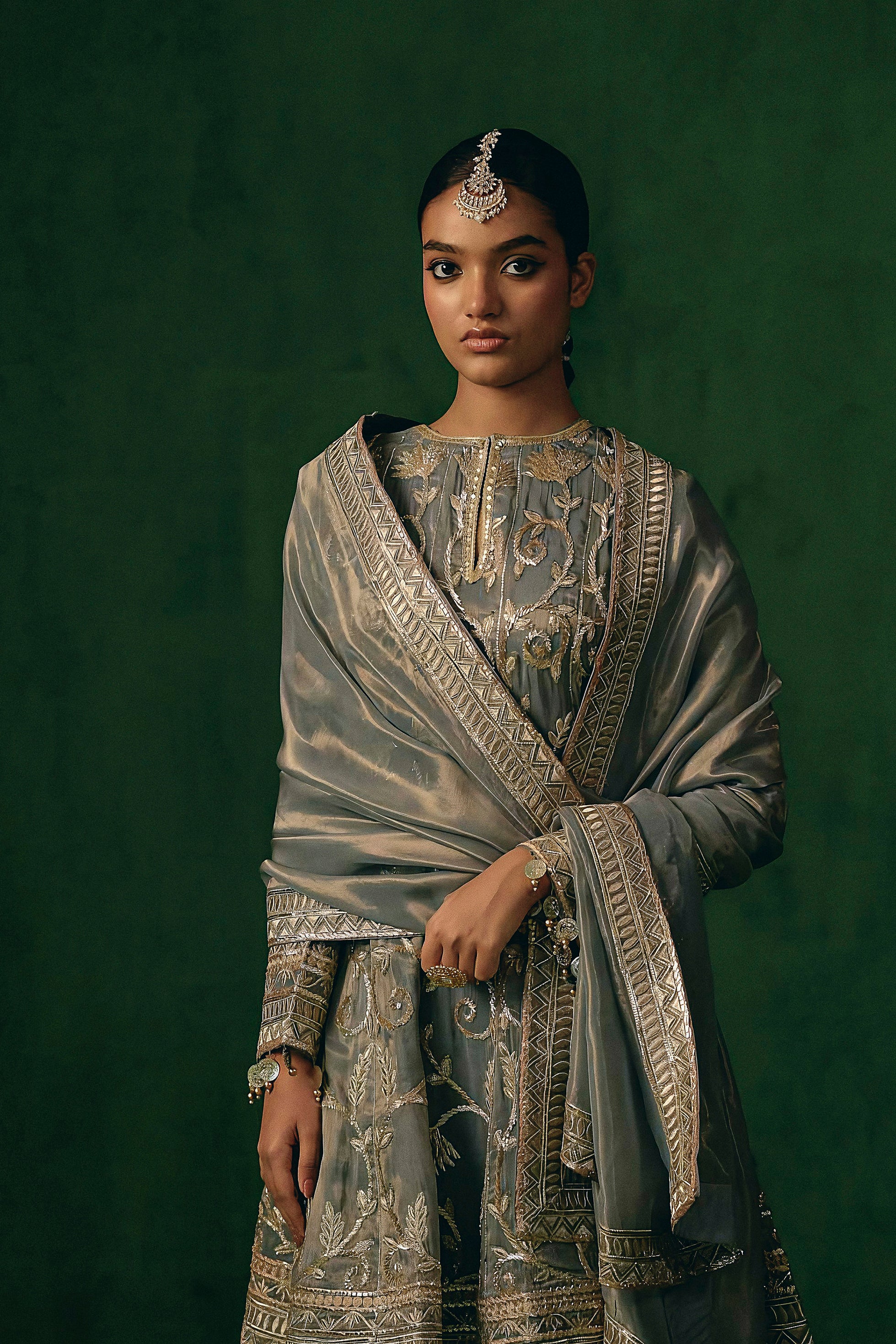 Slate Grey Embellished Shimmer Organza Silk Pant Set