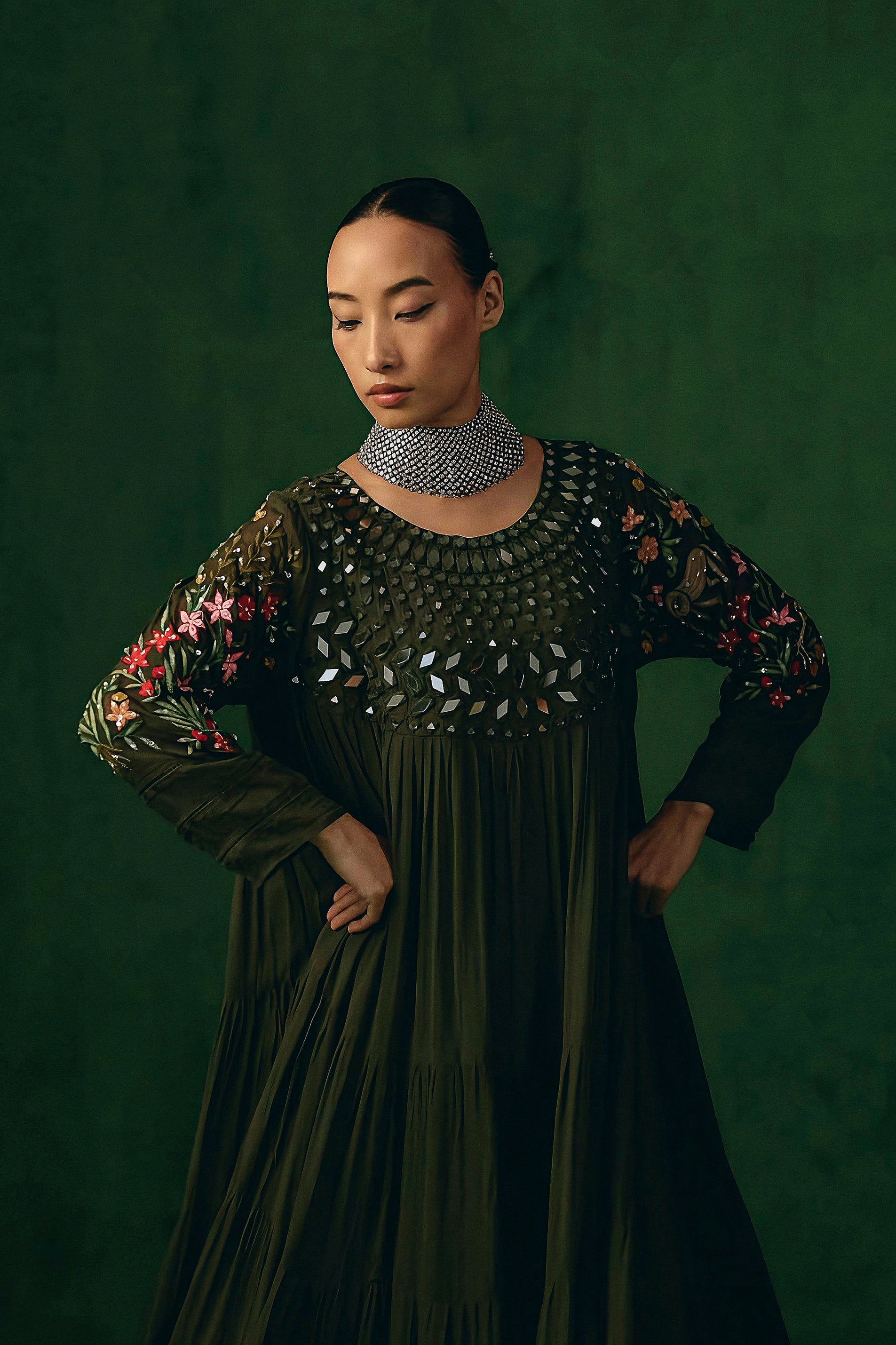 Deep Olive Embellished Georgette Silk Gown