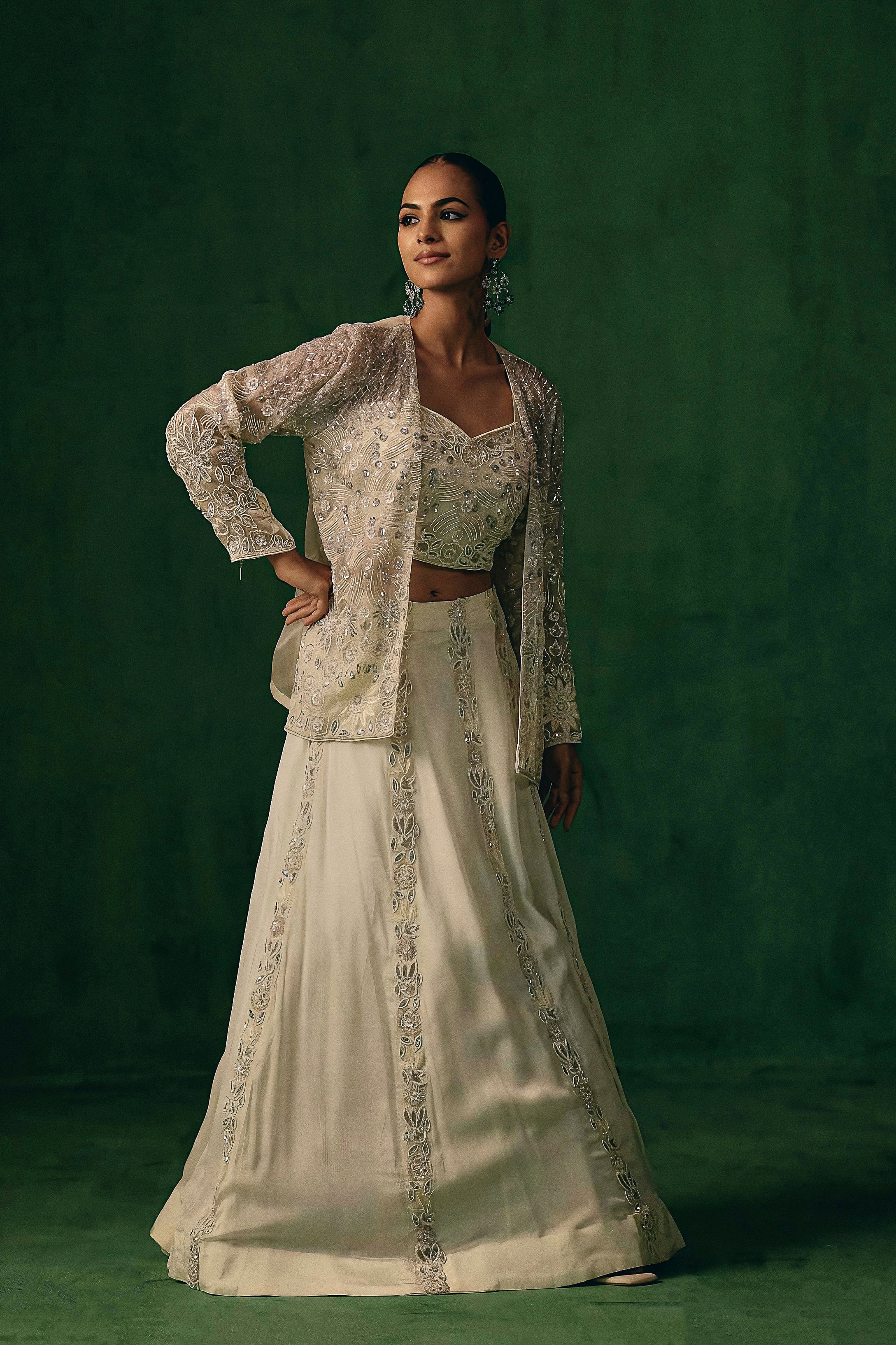 Soft Ivory Embellished Chinon Silk Lehenga Set