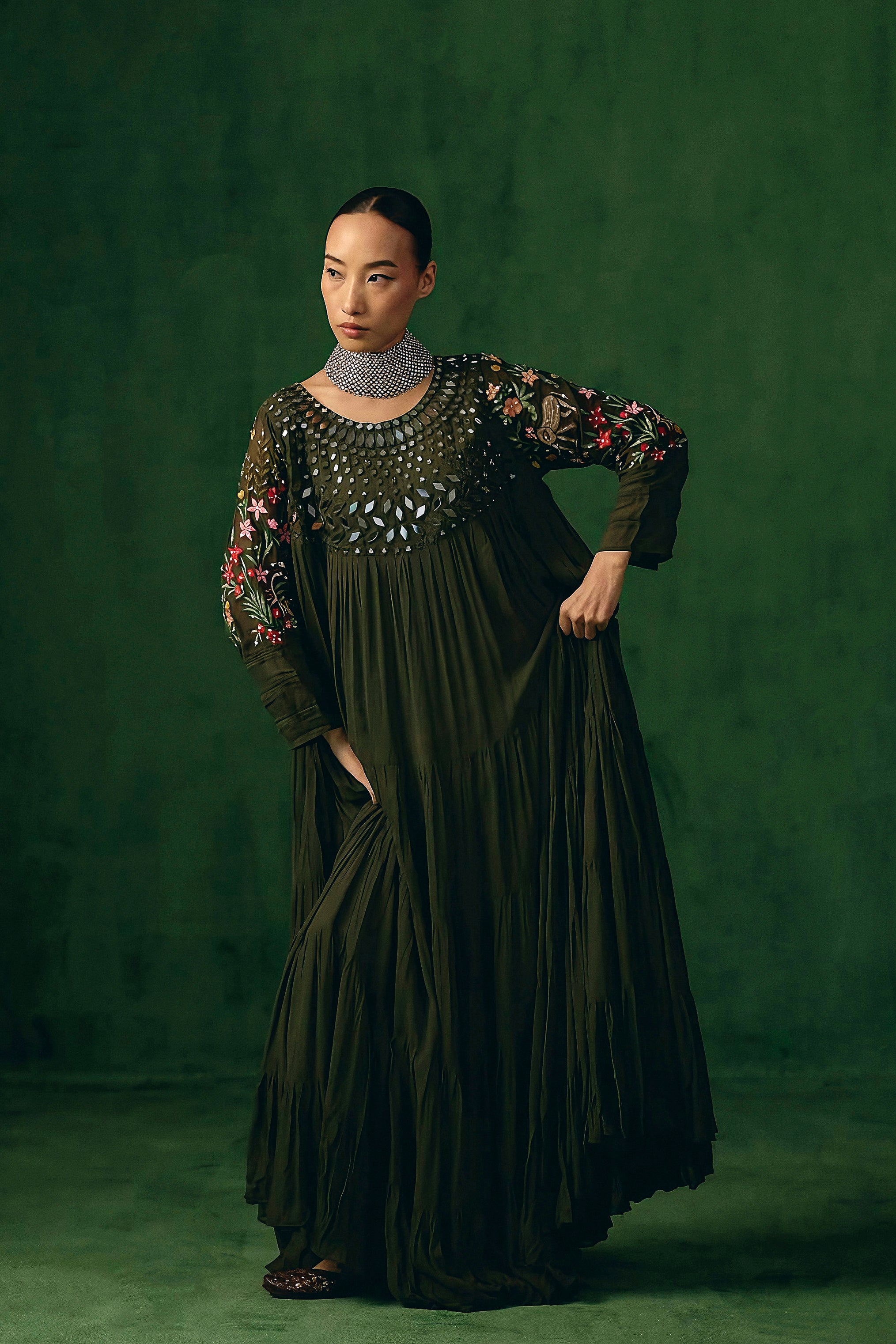 Deep Olive Embellished Georgette Silk Gown