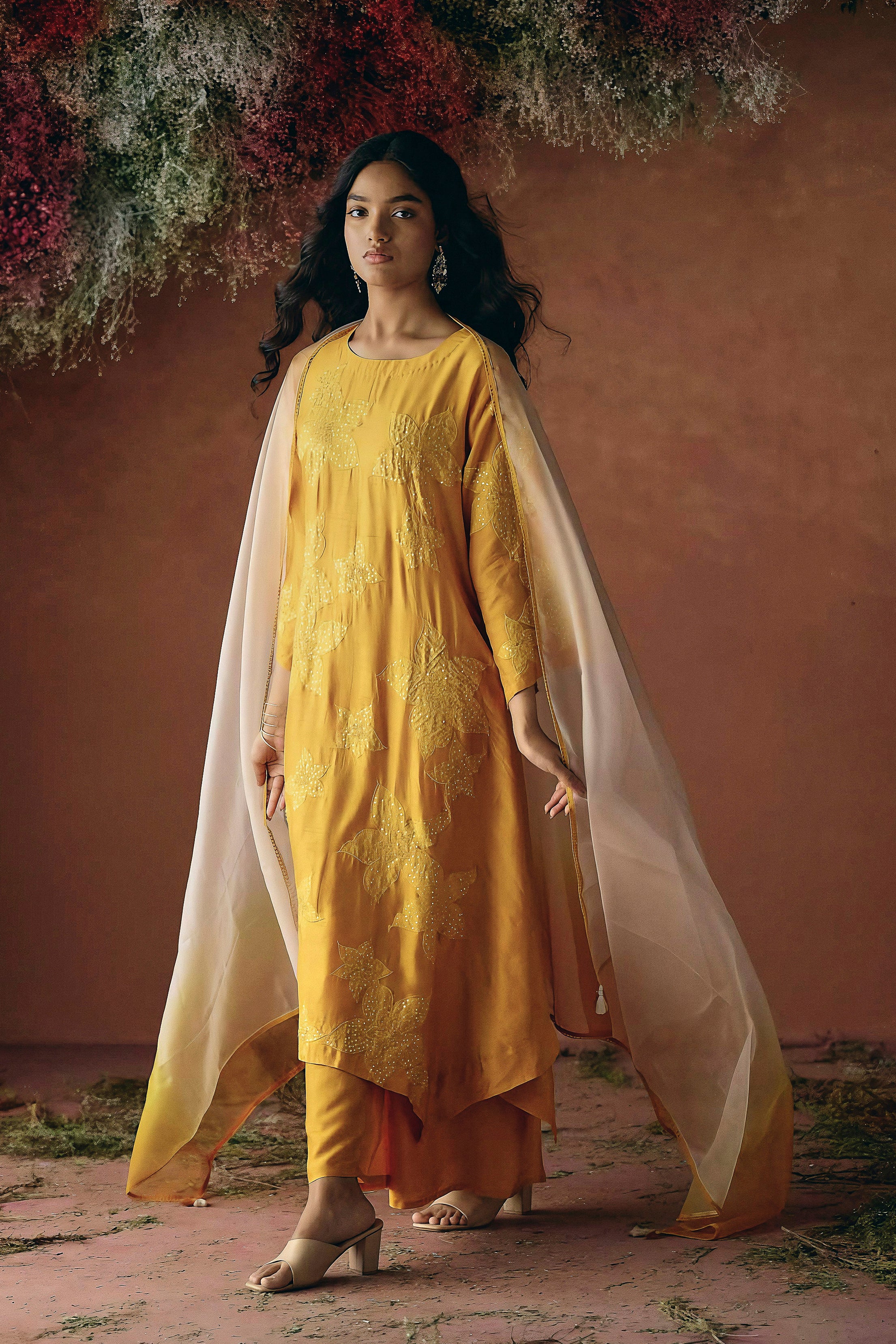Mustard Yellow Embellished Raw Silk Palazzo Set