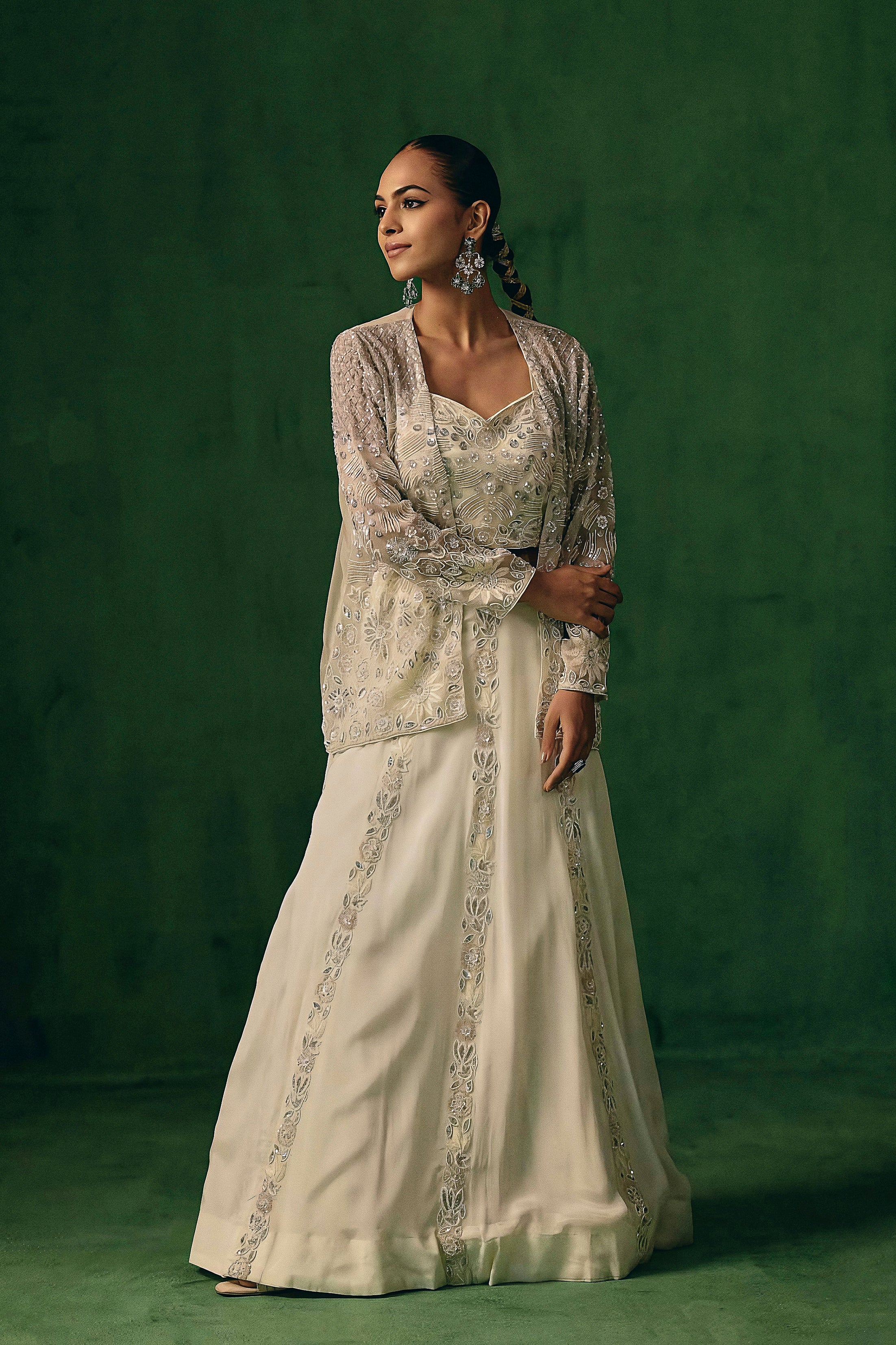 Soft Ivory Embellished Chinon Silk Lehenga Set
