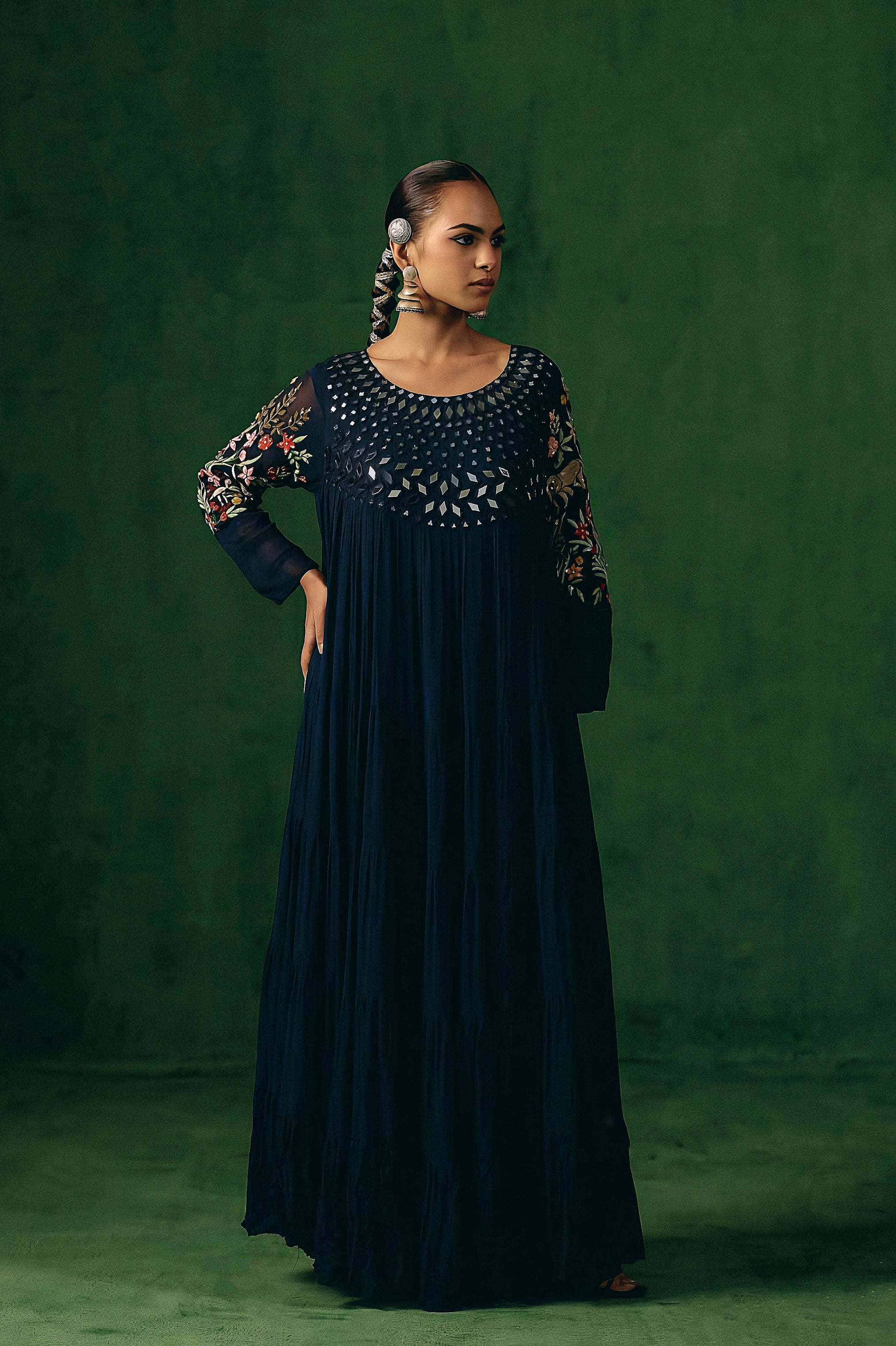 Midnight Blue Embellished Georgette Silk Gown