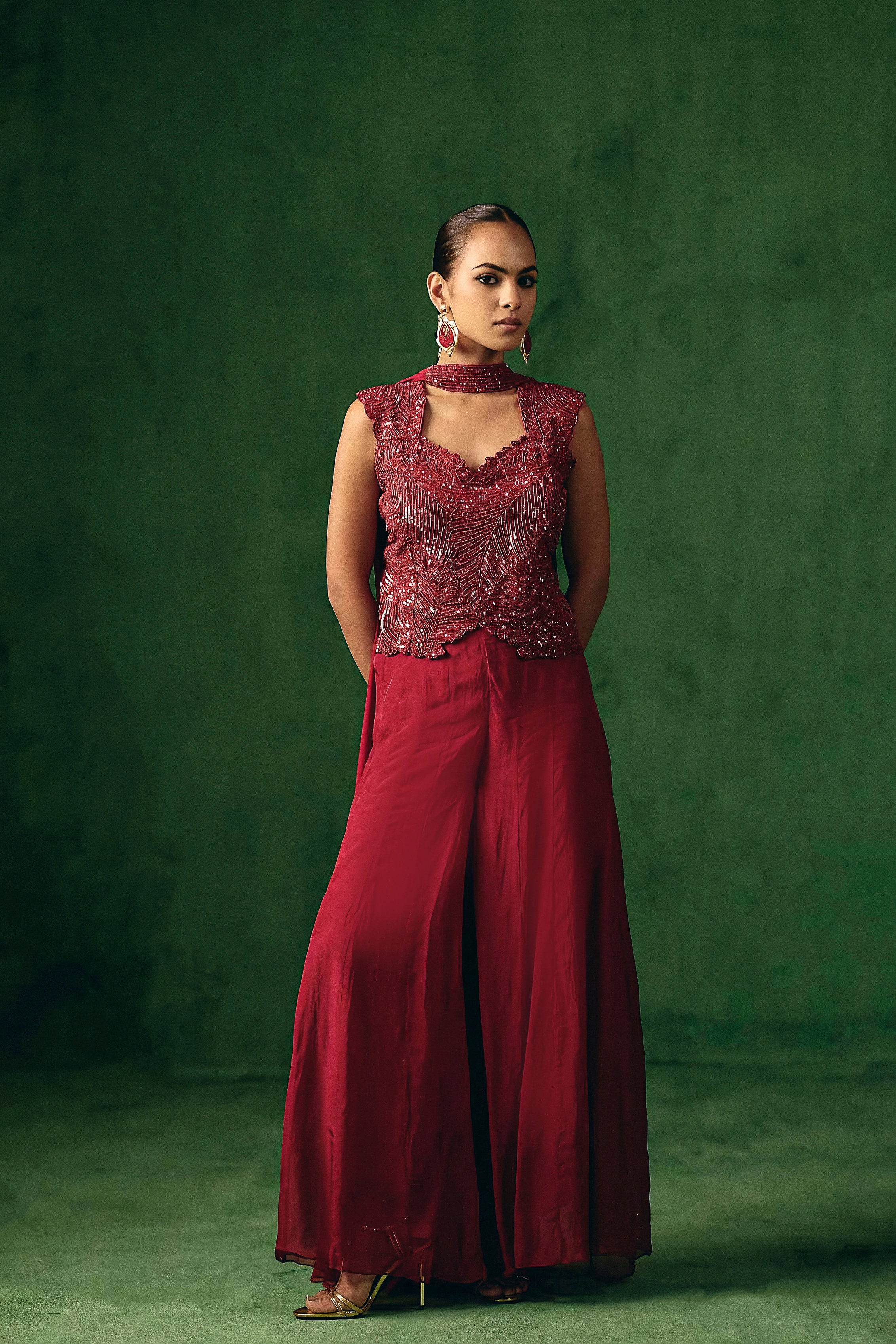 Ruby Red Embellished Organza Silk Palazzo Set