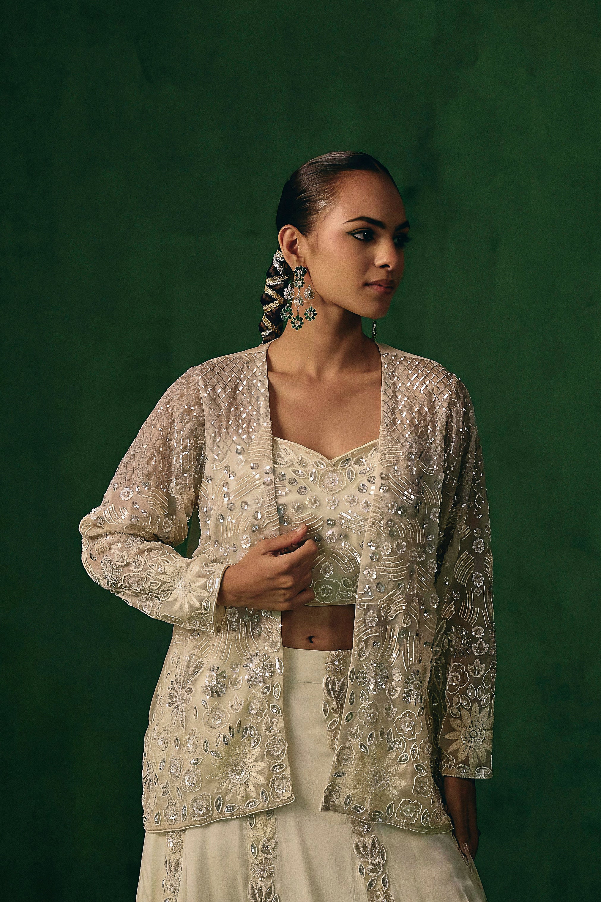 Soft Ivory Embellished Chinon Silk Lehenga Set