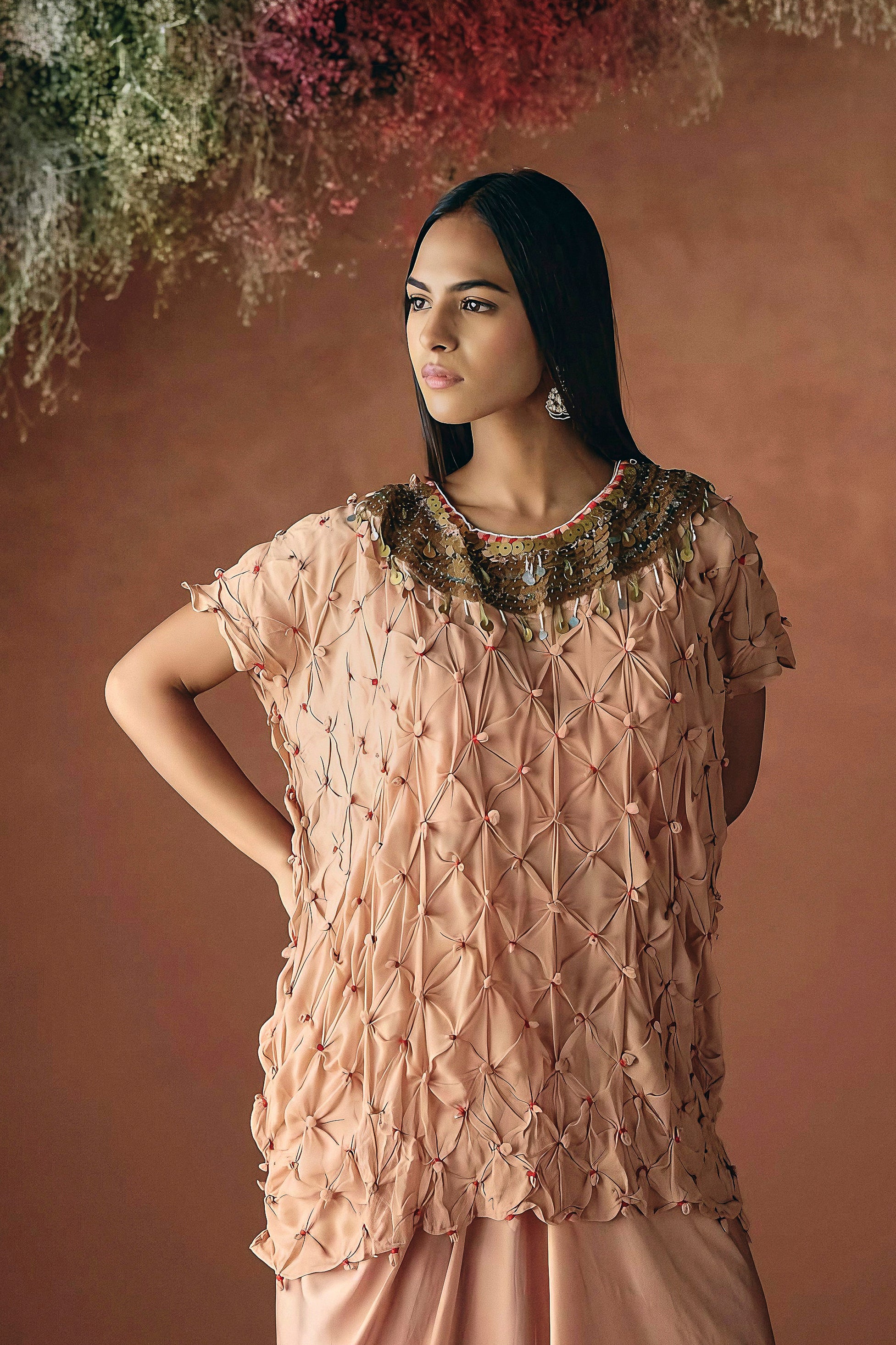 Light Peach Embellished Georgette Silk Skirt Set