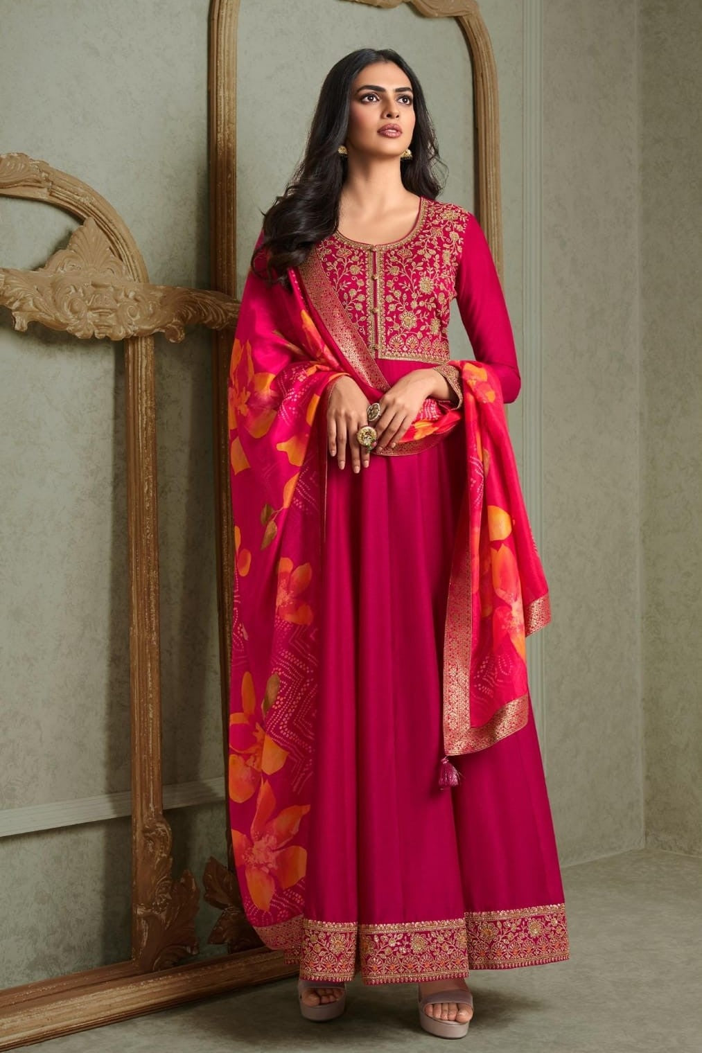 Pink Embellished Italian Silk Anarkali Gown
