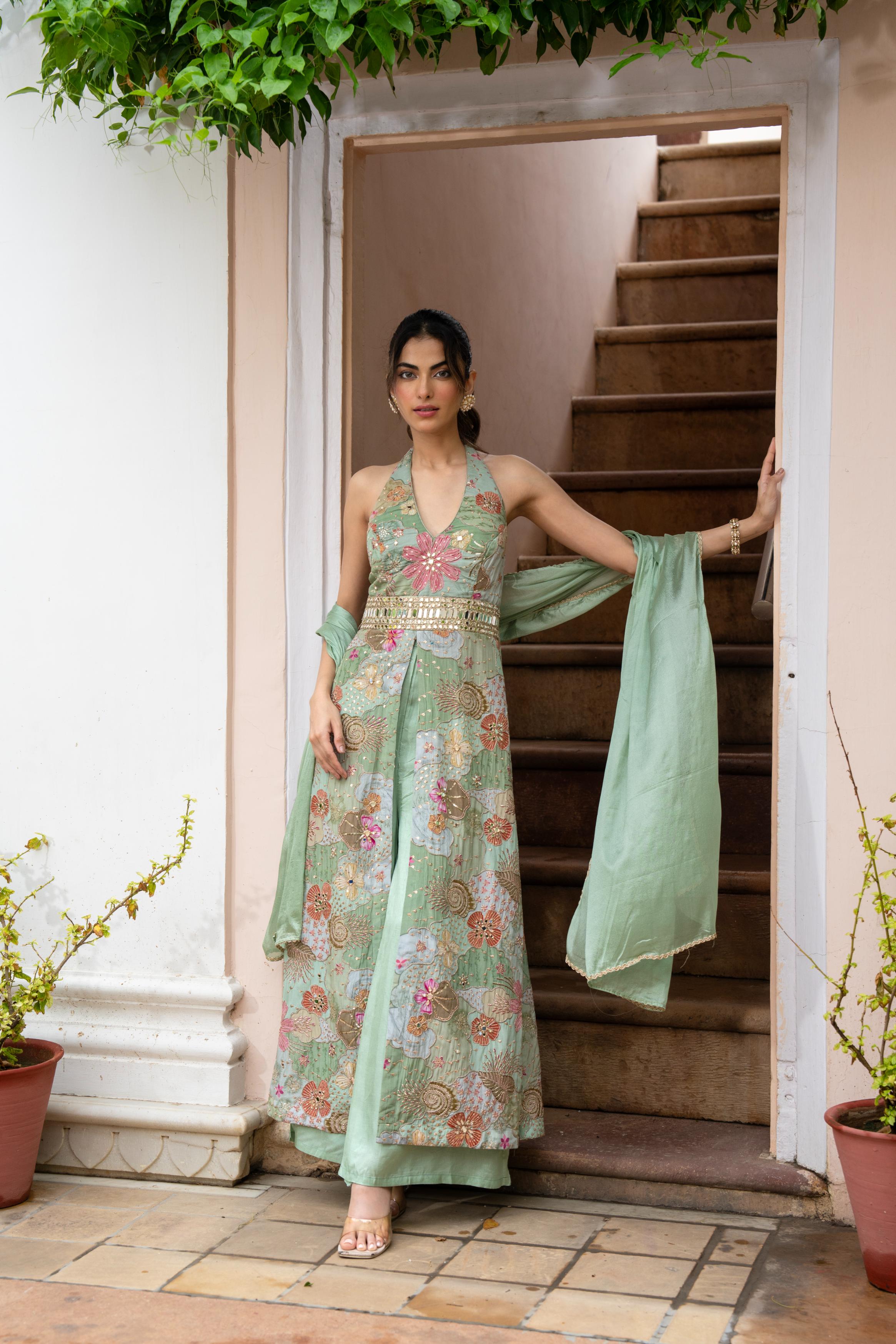 Mint Frost Embellished Crepe Silk Palazzo Set