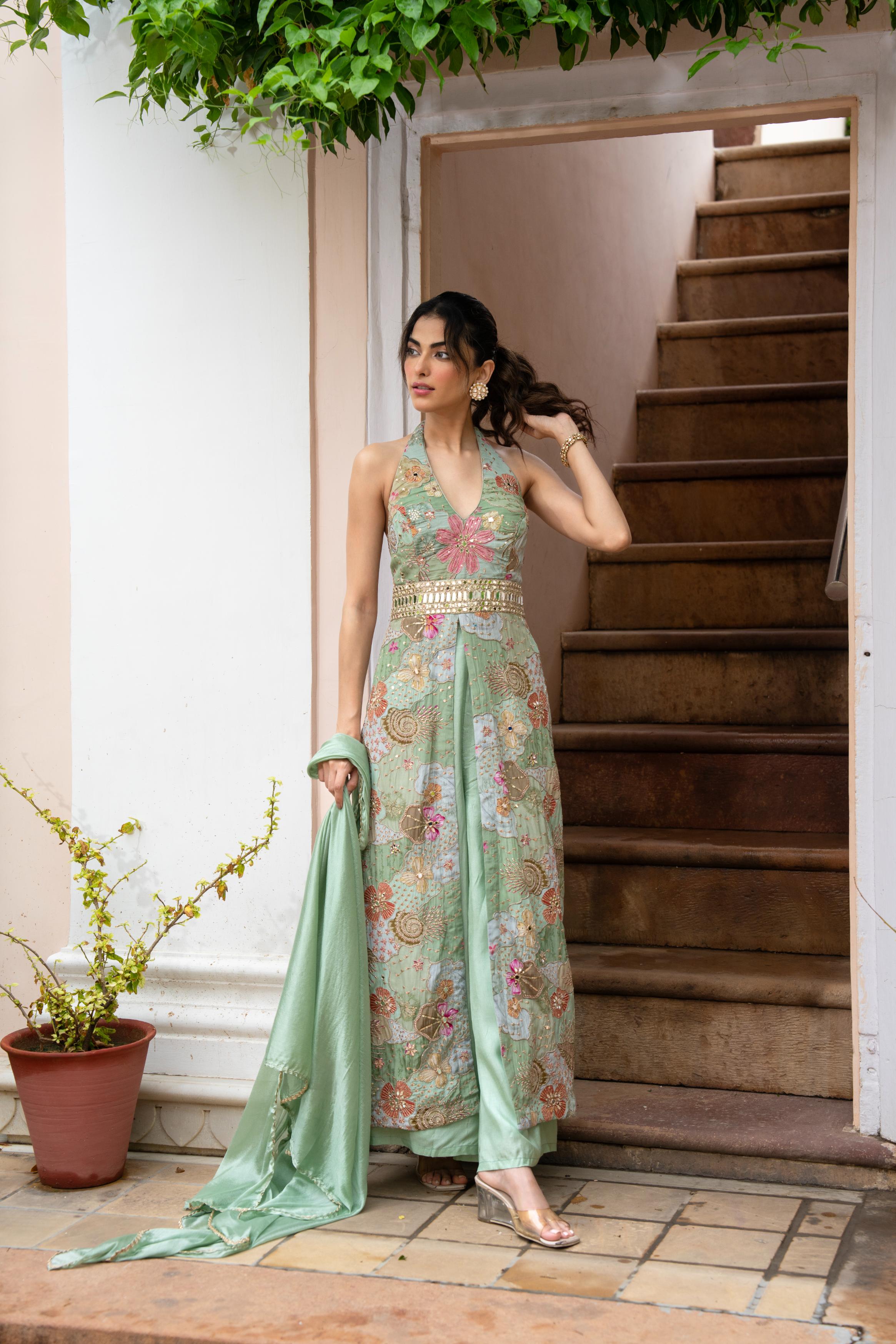 Mint Frost Embellished Crepe Silk Palazzo Set
