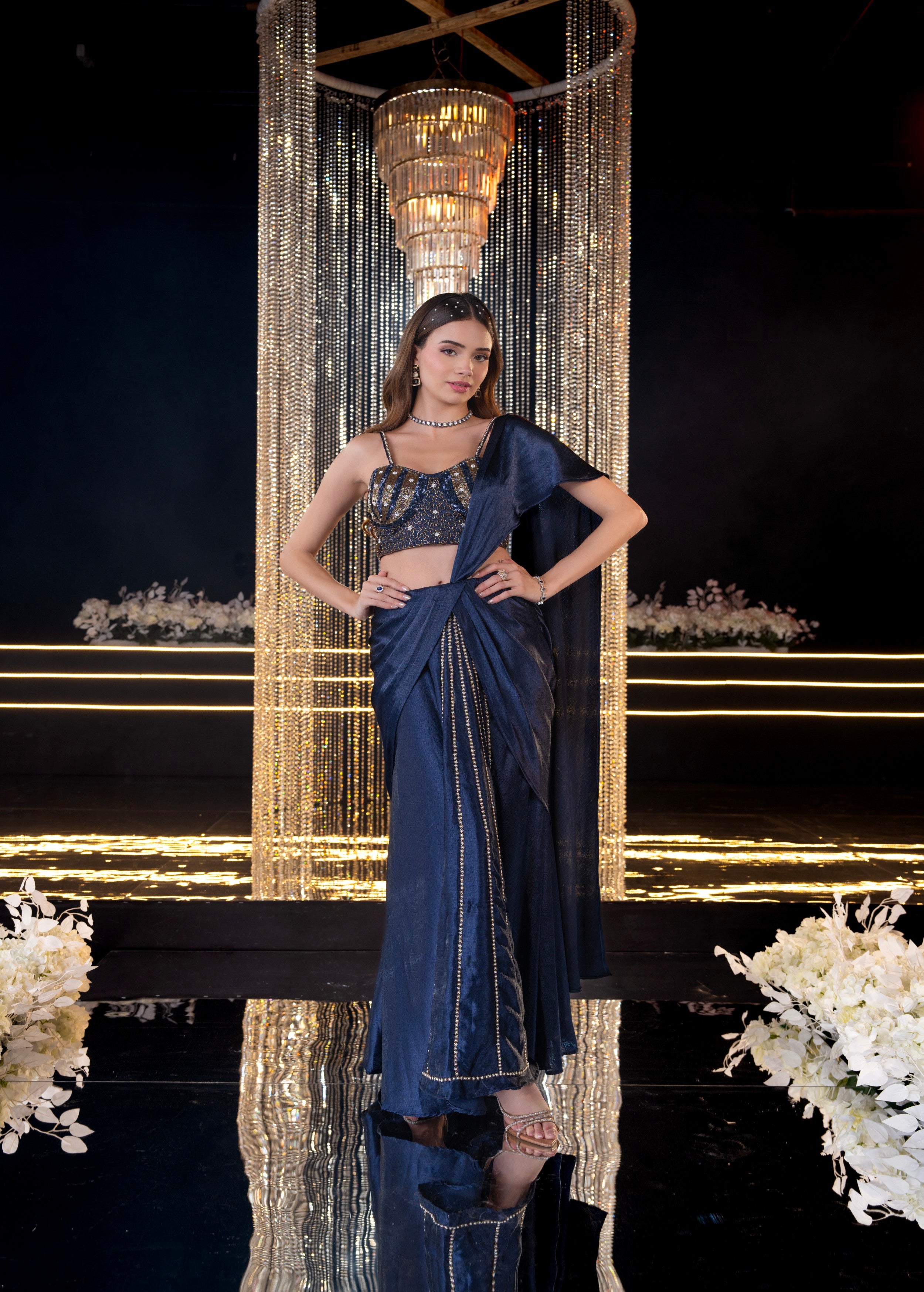 Midnight Embellished Imported Satin Silk Skirt Set