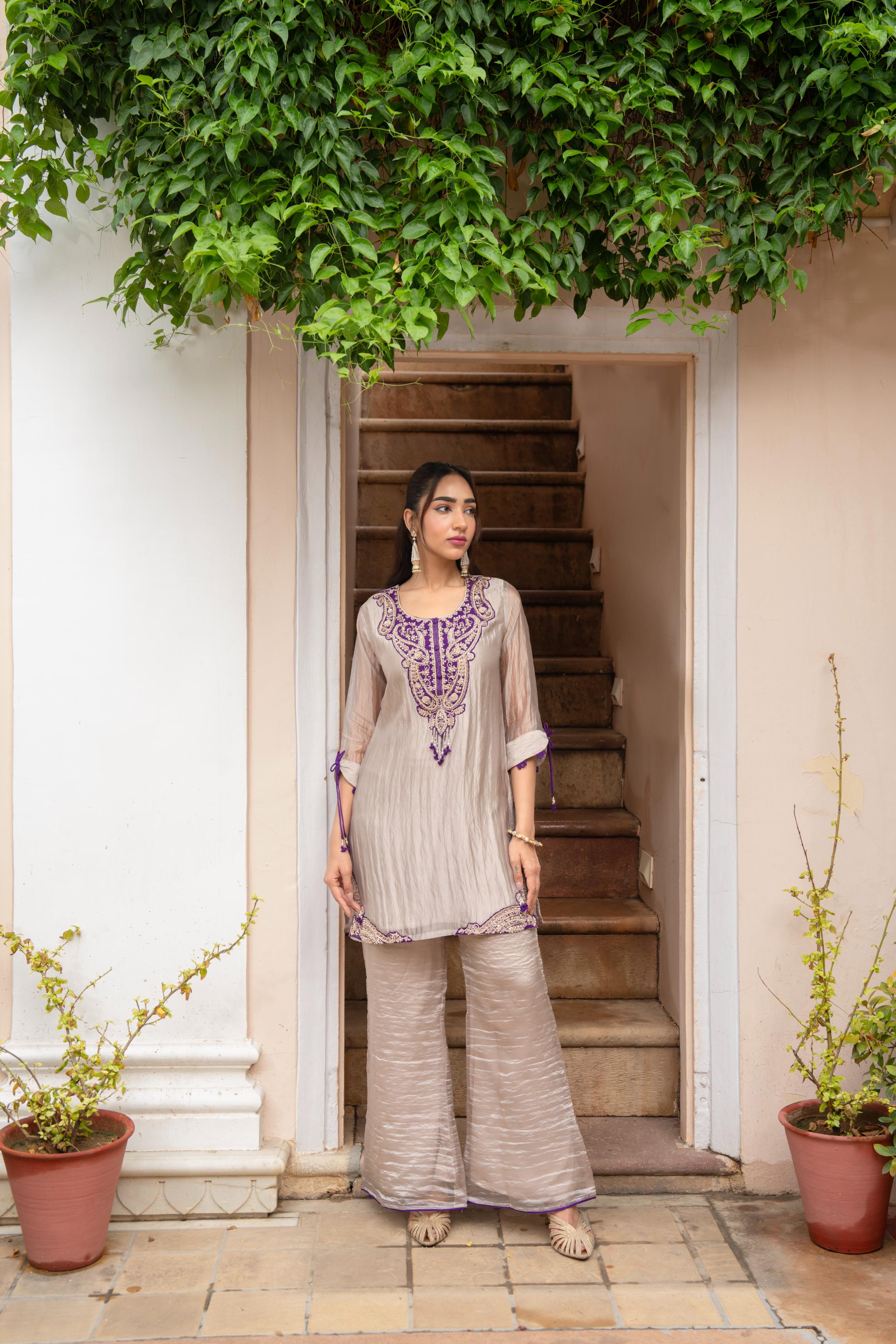 Pearl Beige Embellished Crushed Tissue Silk Palazzo Set