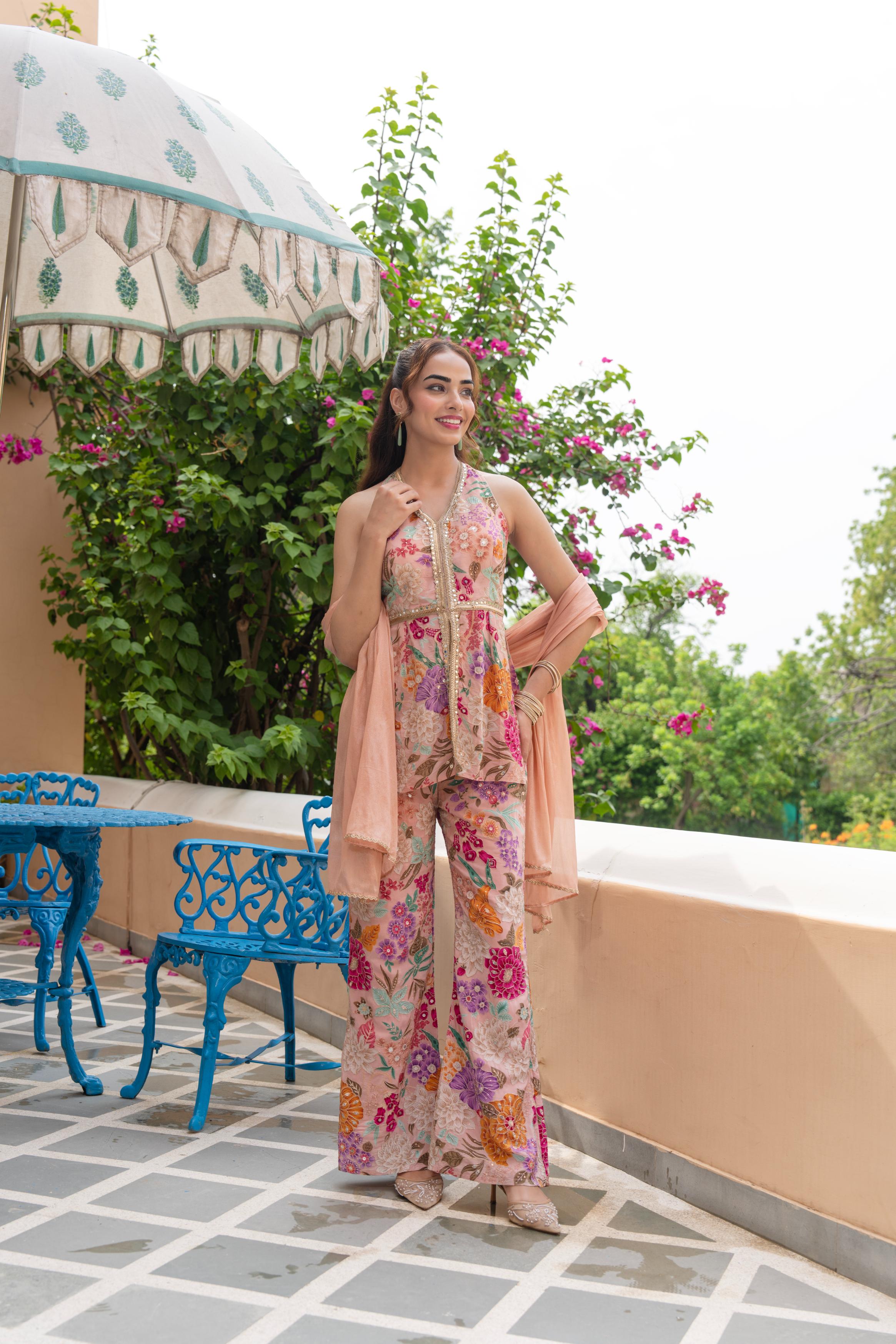 Blush Pink Embellished Crepe Silk Palazzo Set