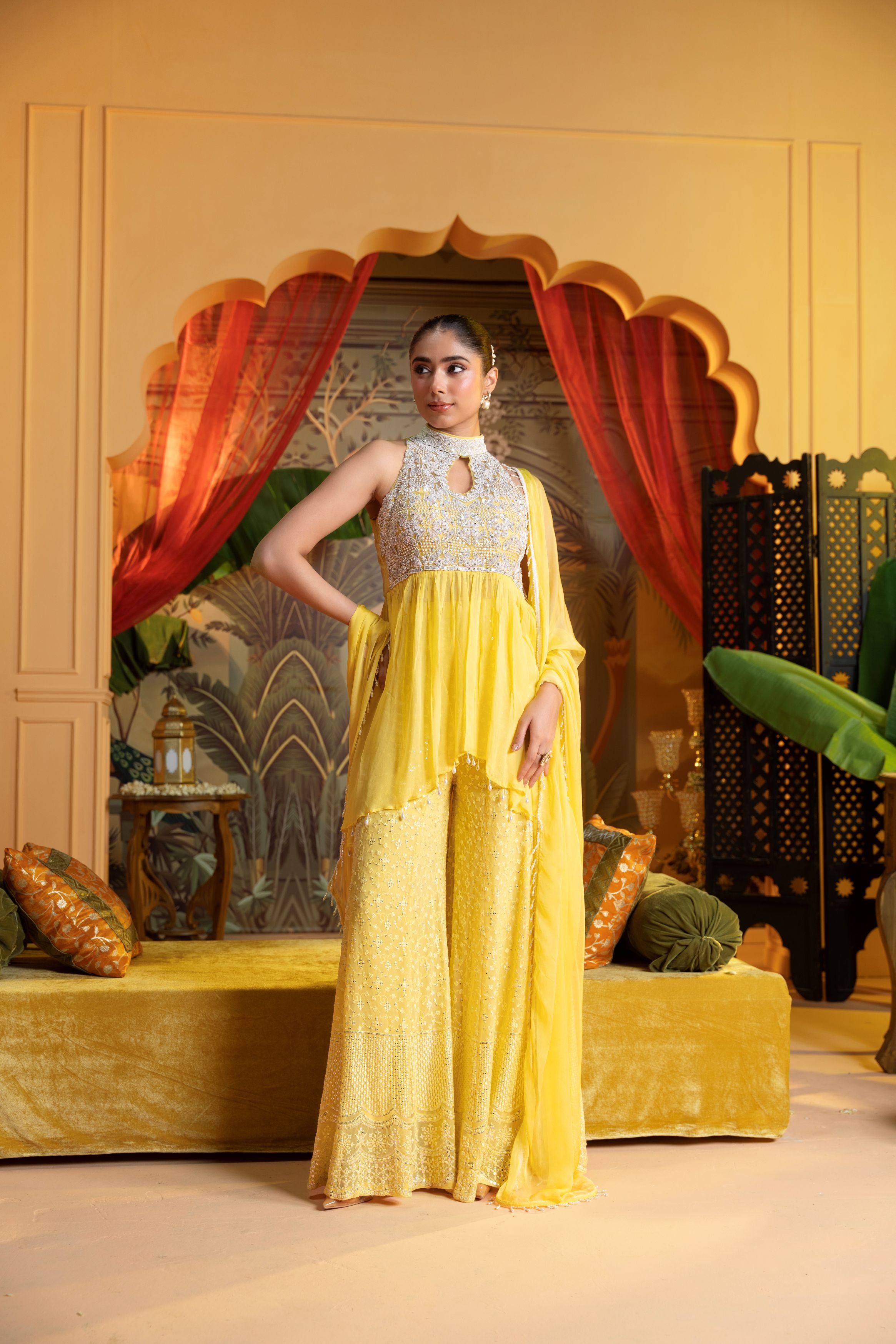 Lemon Yellow Georgette Silk Palazzo Set
