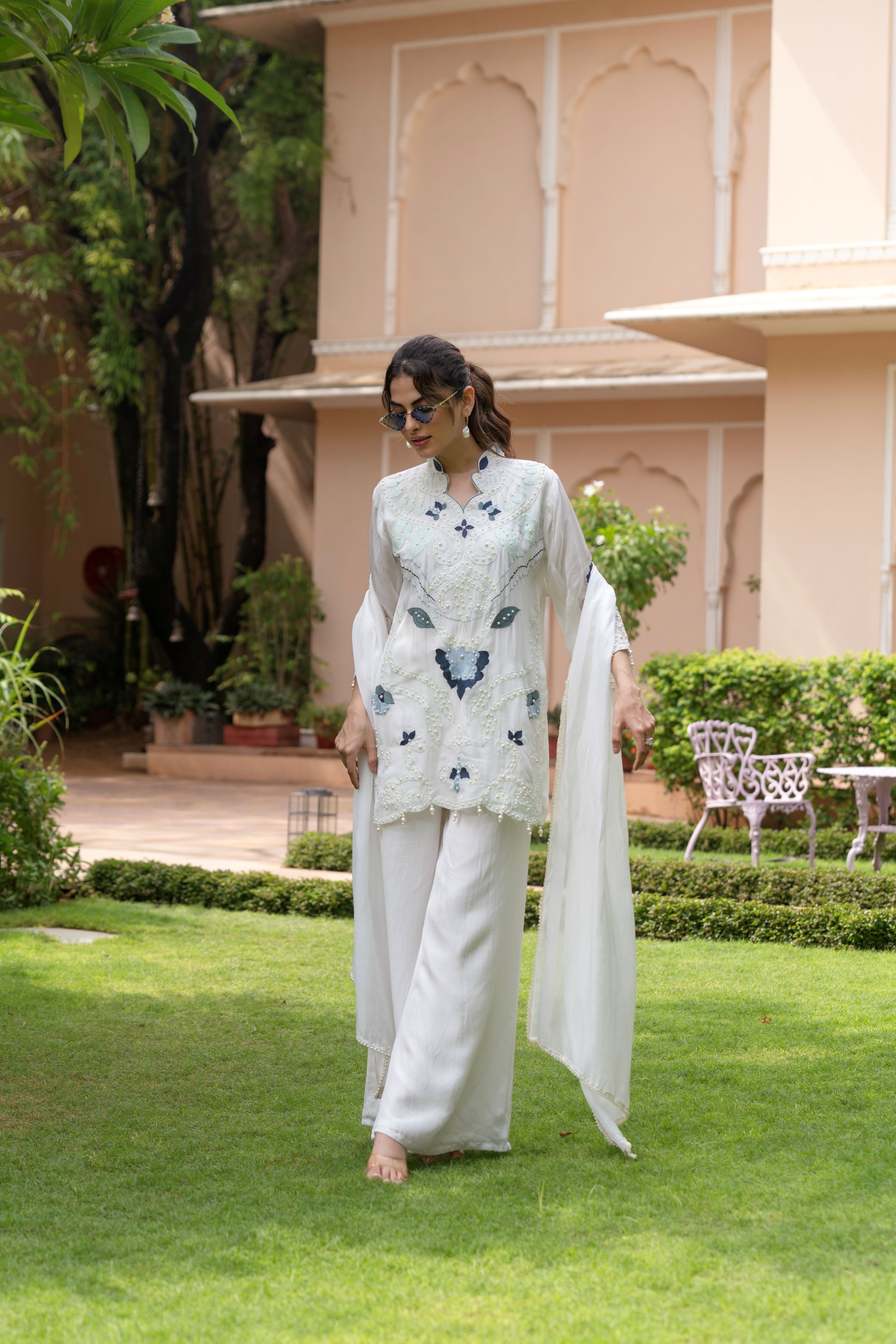 Ice White Embellished Organza Silk Palazzo Set