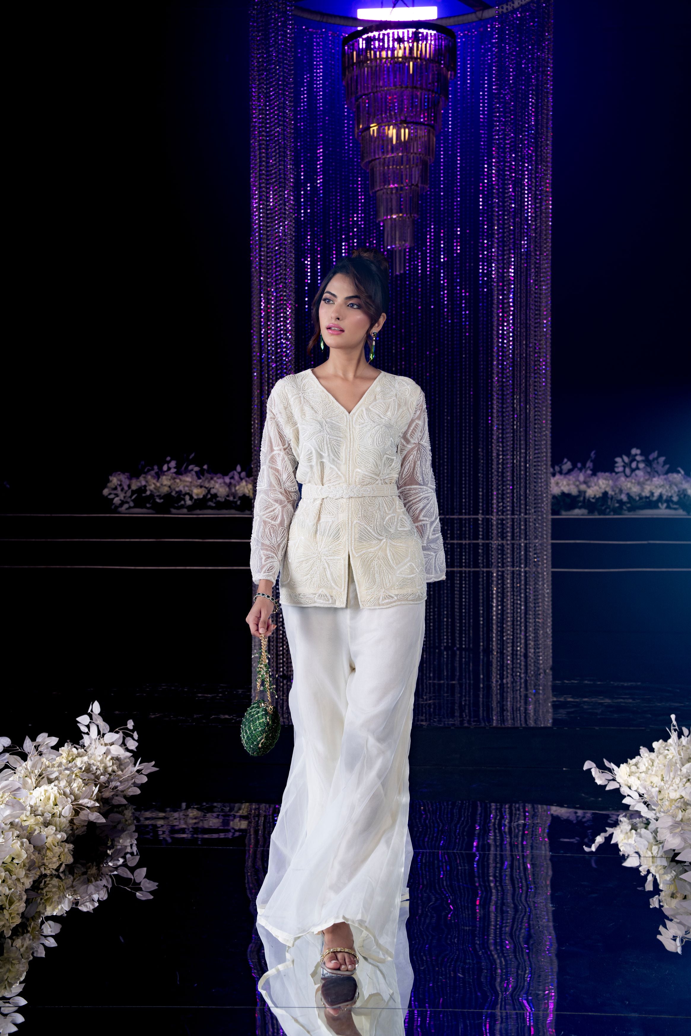 Pearl White Embellished Organza Silk Sharara Set