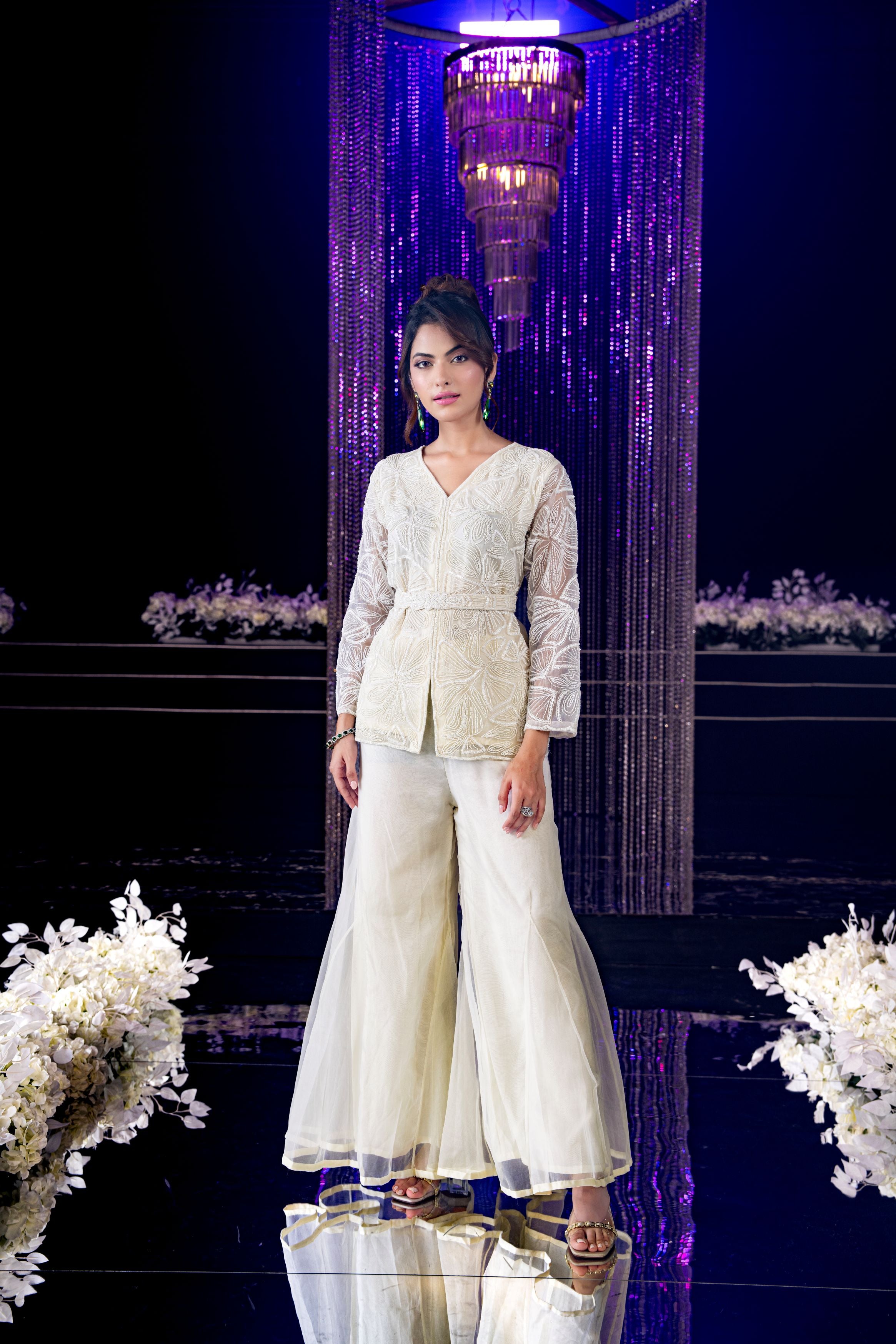 Pearl White Embellished Organza Silk Sharara Set