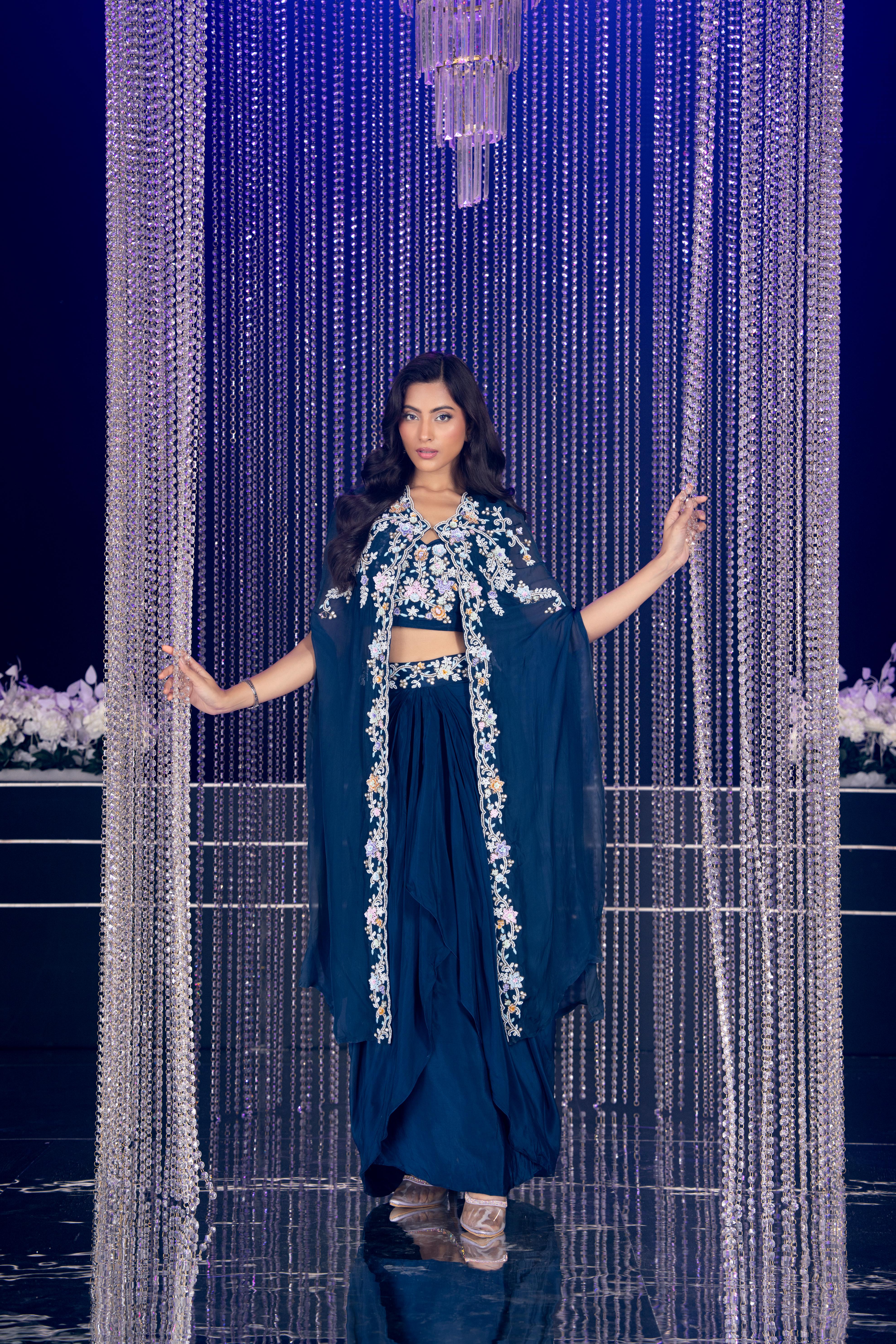 Rich Navy Blue Embellished Crepe Silk Cape Set