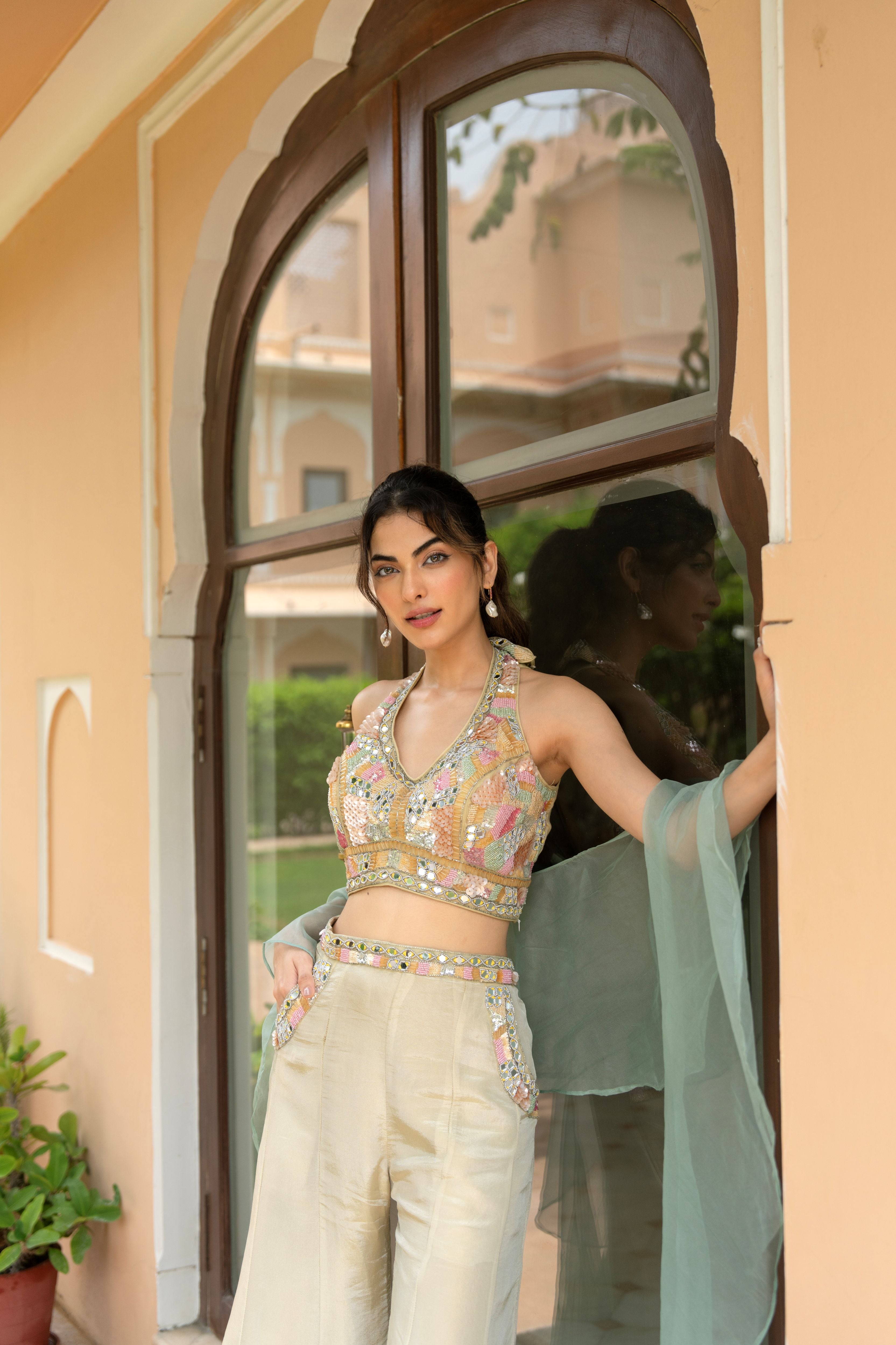 Sand Ombre Embellished Shimmer Tissue Palazzo Set