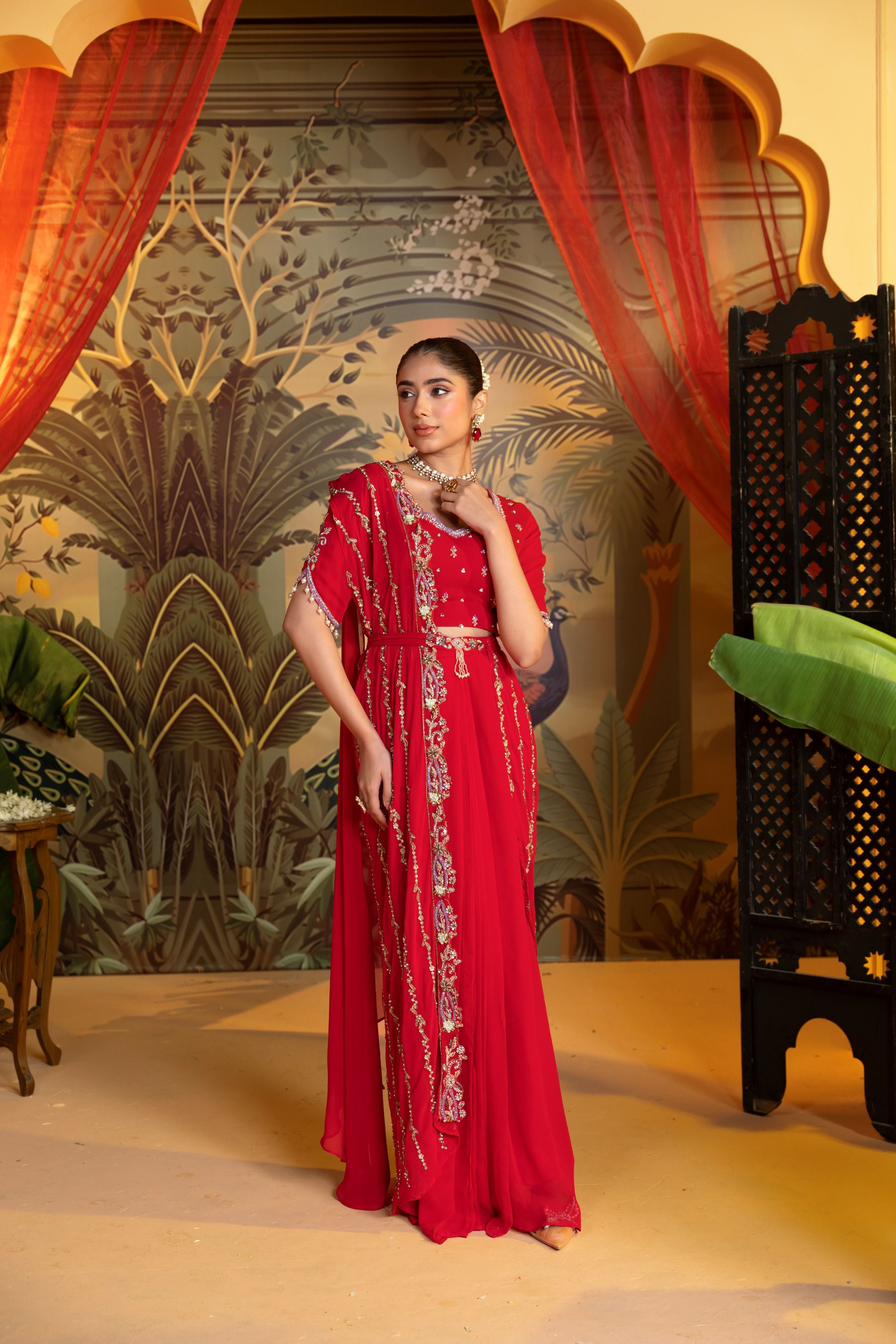 Dark Pink Embellished Georgette Silk Skirt Set