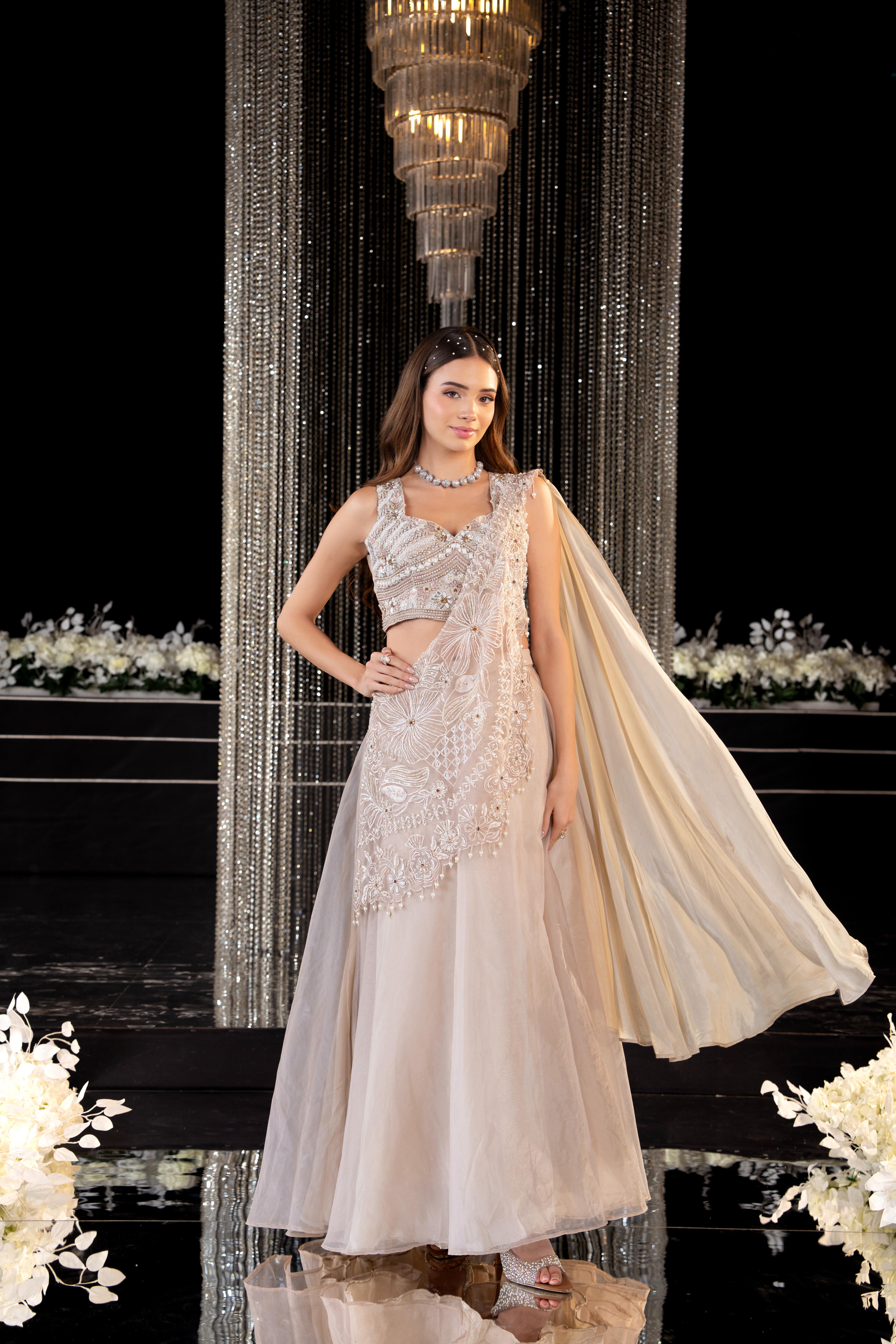 Nude Beige Embellished Soft Organza Silk Drape Skirt Set