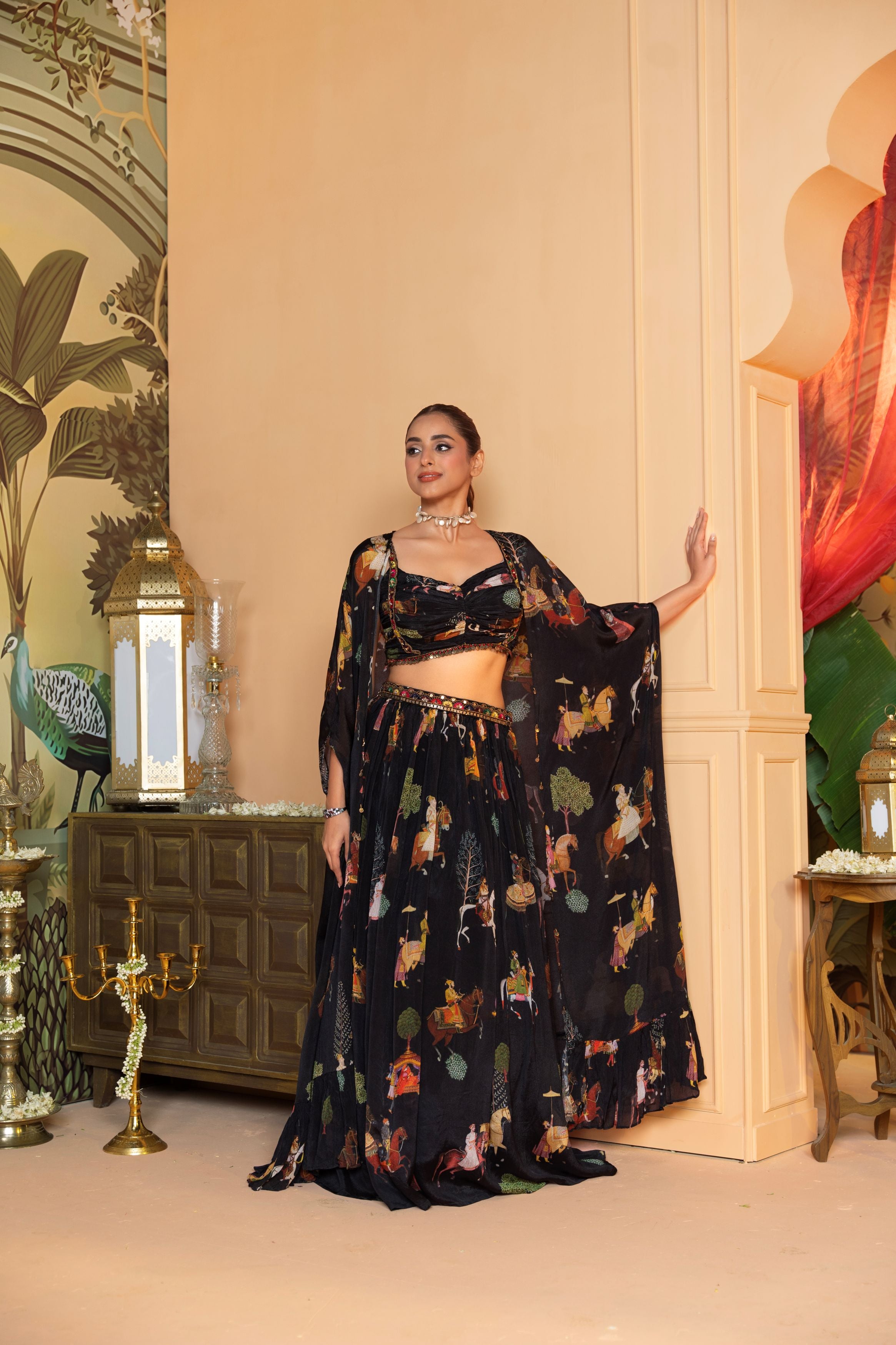 Elegant Black Embellished Chinon Silk Cape Skirt Set