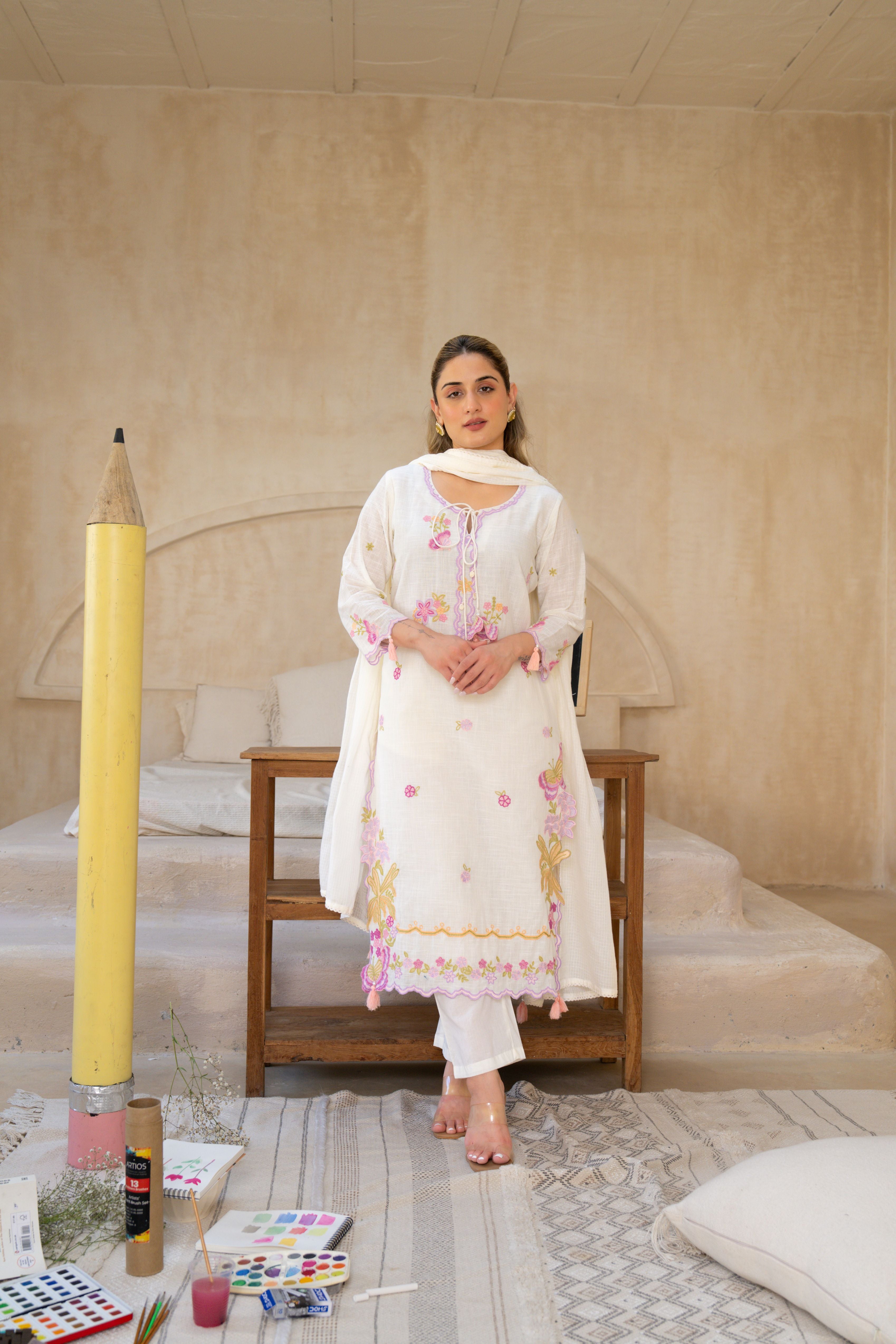 Vanilla Bloom Embroidered Cotton Pant Set