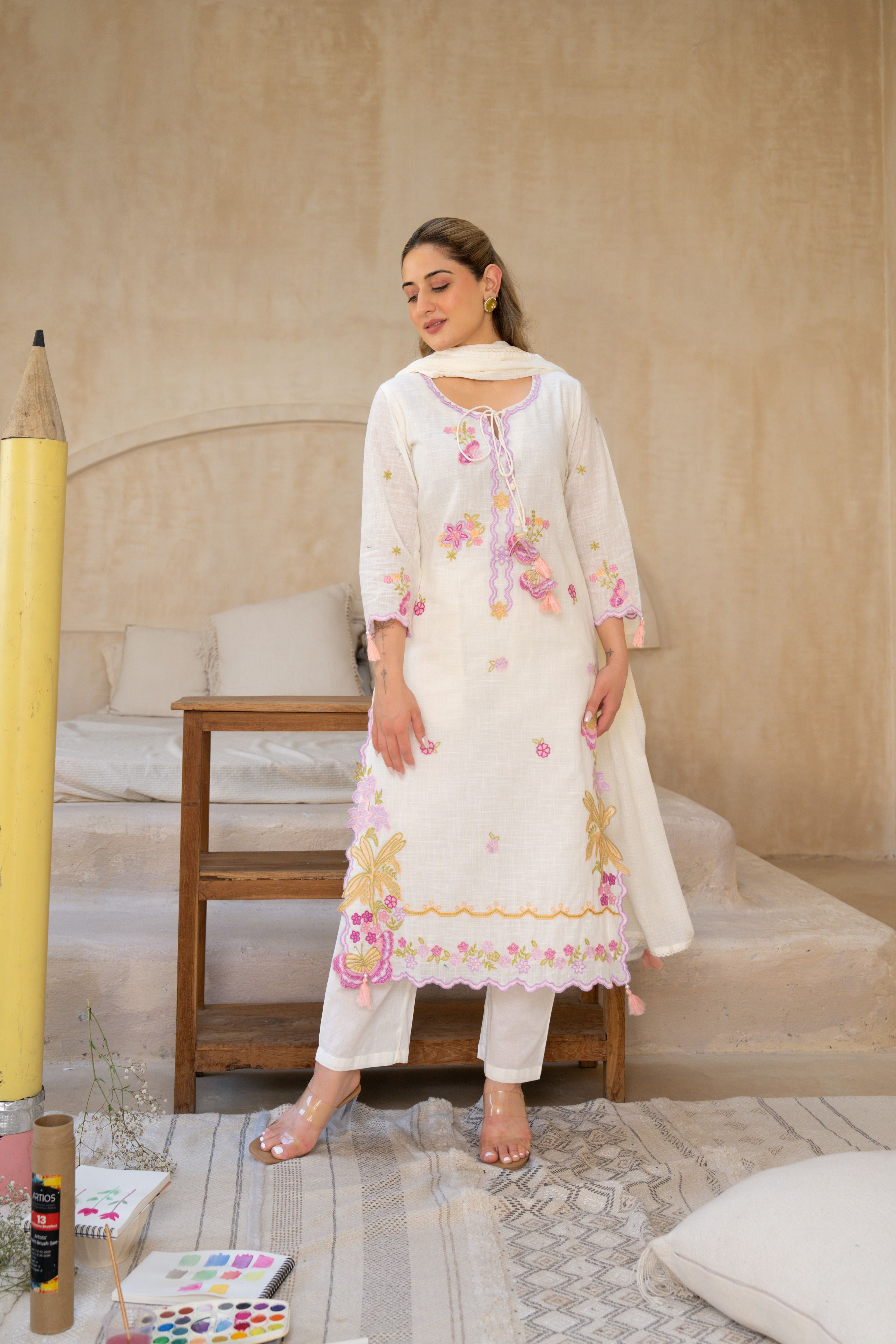 Vanilla Bloom Embroidered Cotton Pant Set
