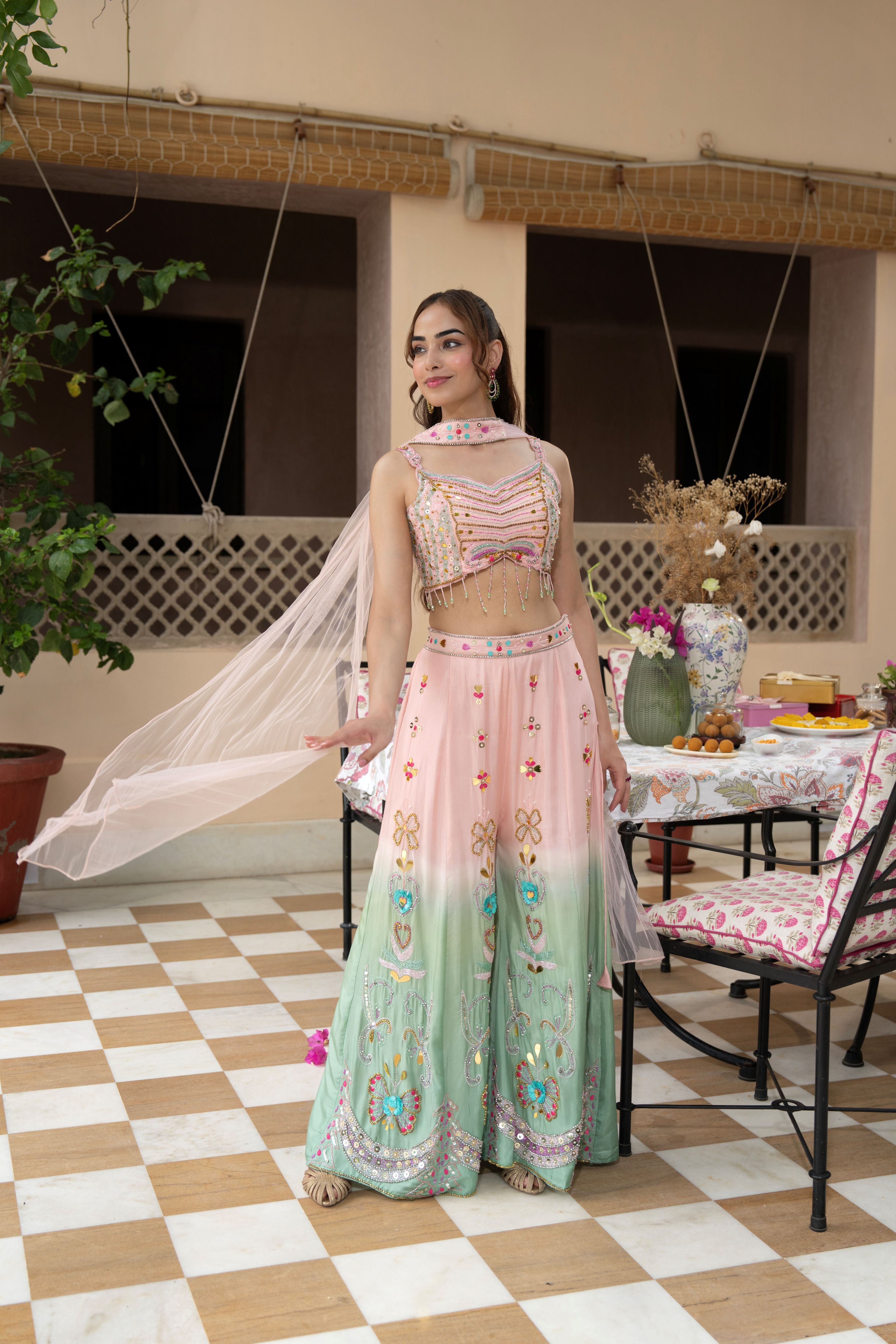 Pink Blush Embellished Crepe Silk Palazzo Set