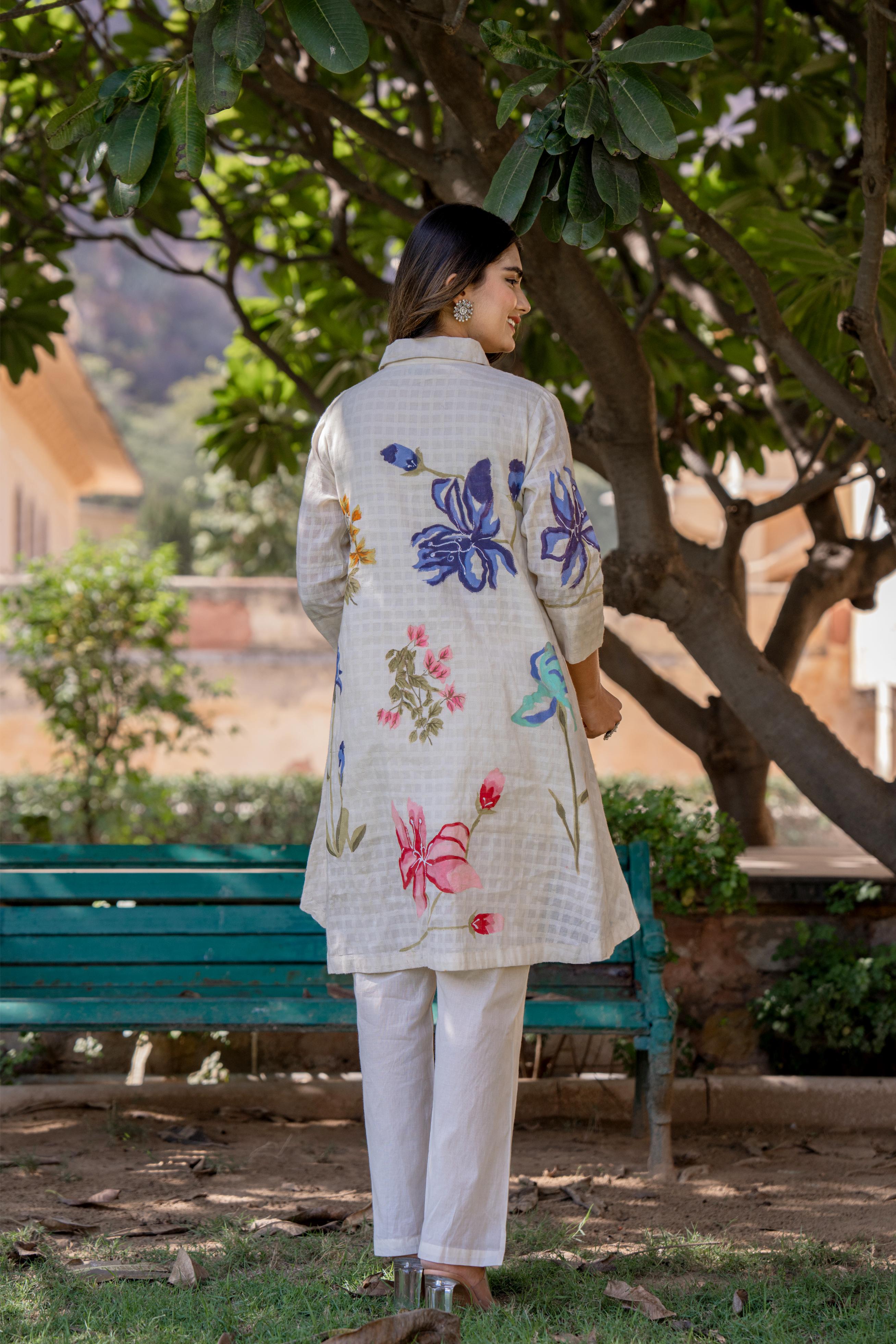 White Floral Printed Cotton Linen Silk Co-Ord Set