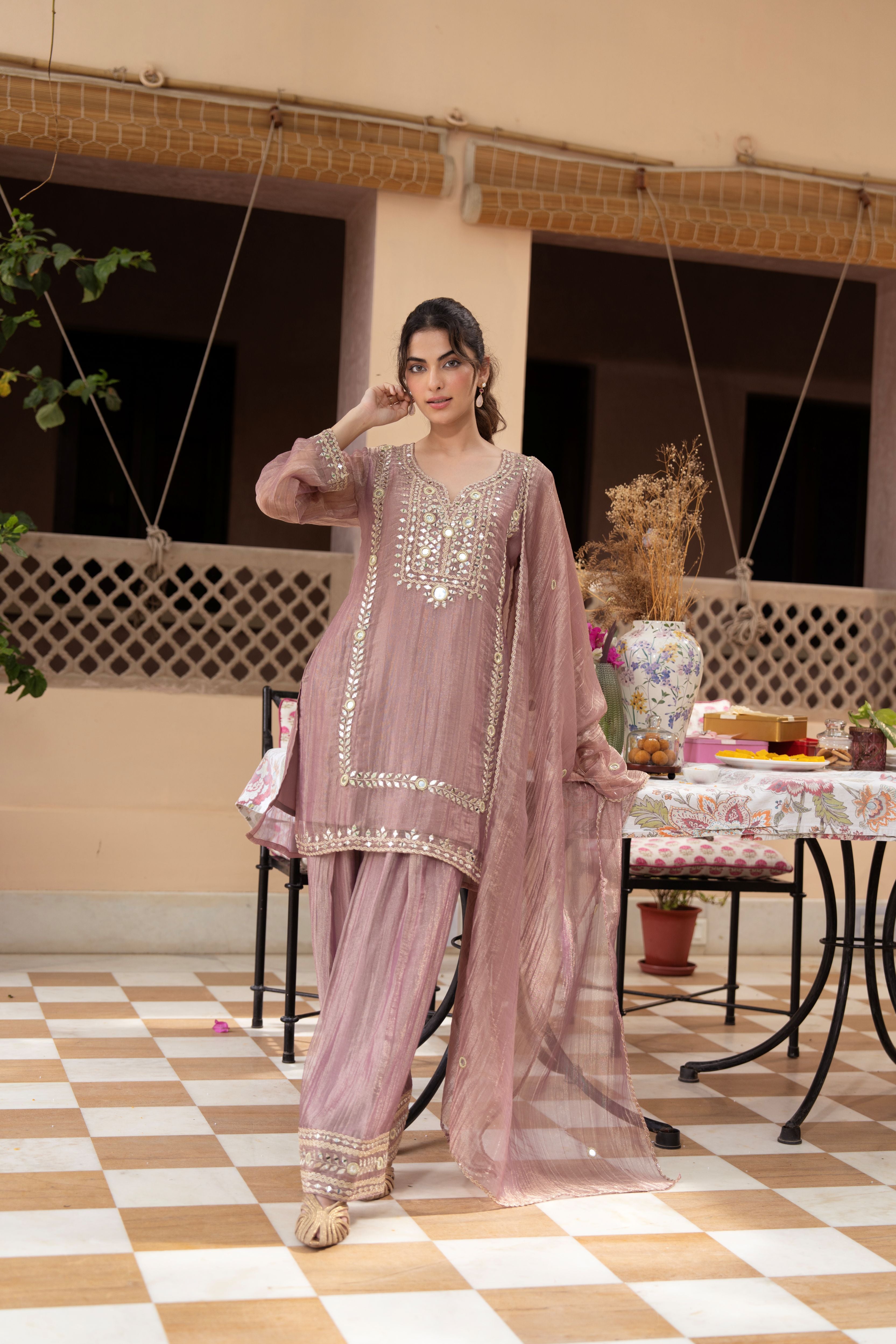 Majestic Mauve Embellished Shimmer Organza Farsi Set
