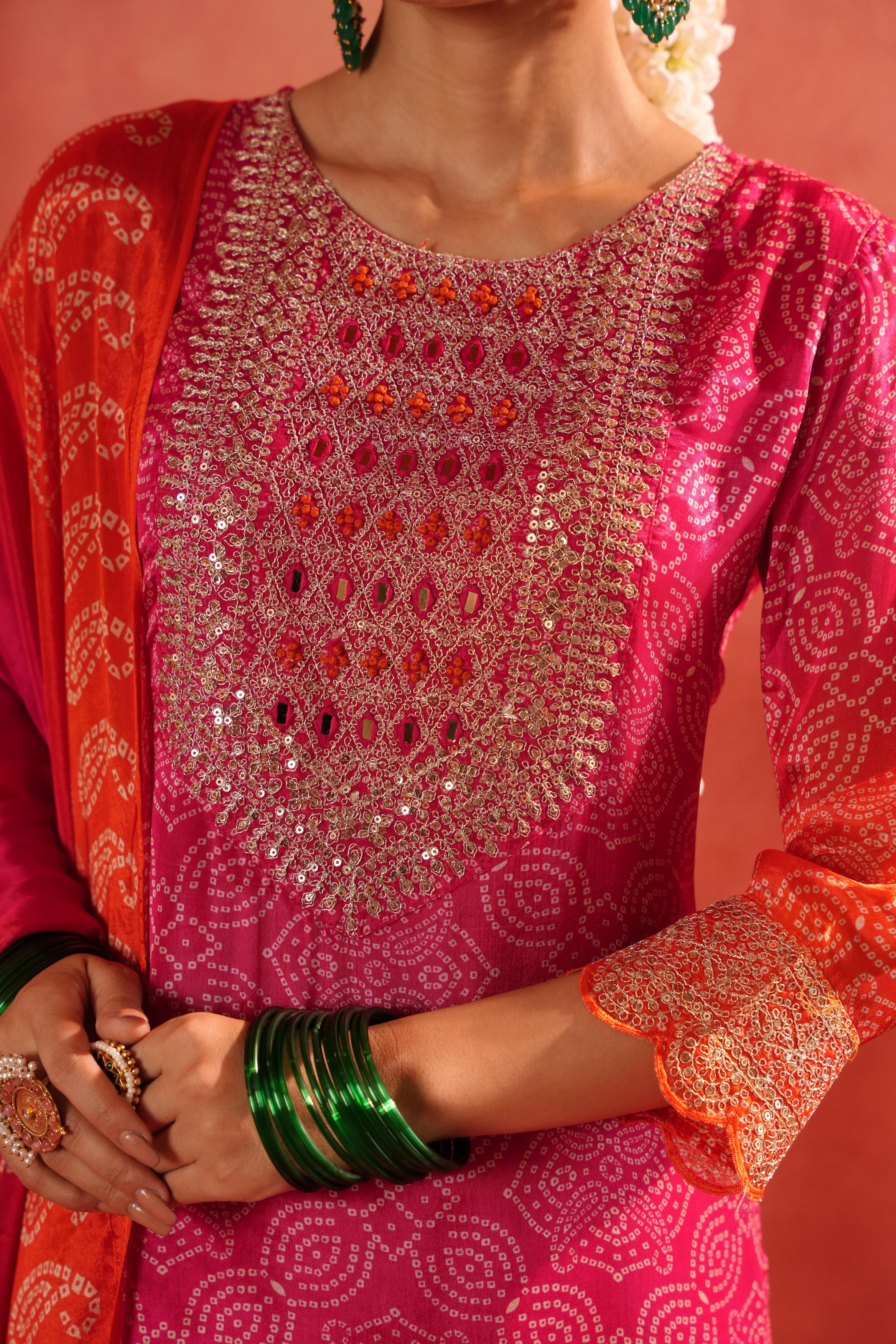 Pink Bandhej Ombre Dyed German Silk Sharara Set